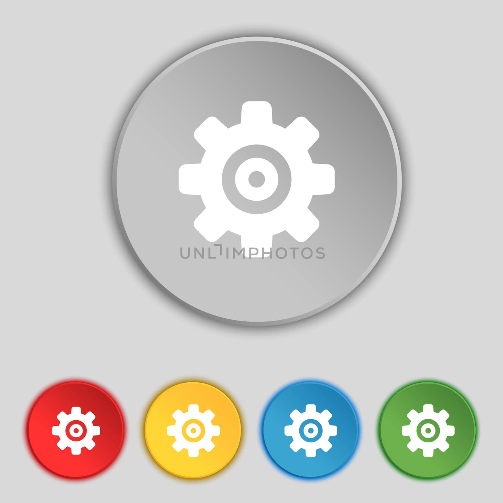 Cog settings, Cogwheel gear mechanism icon sign. Symbol on five flat buttons. illustration