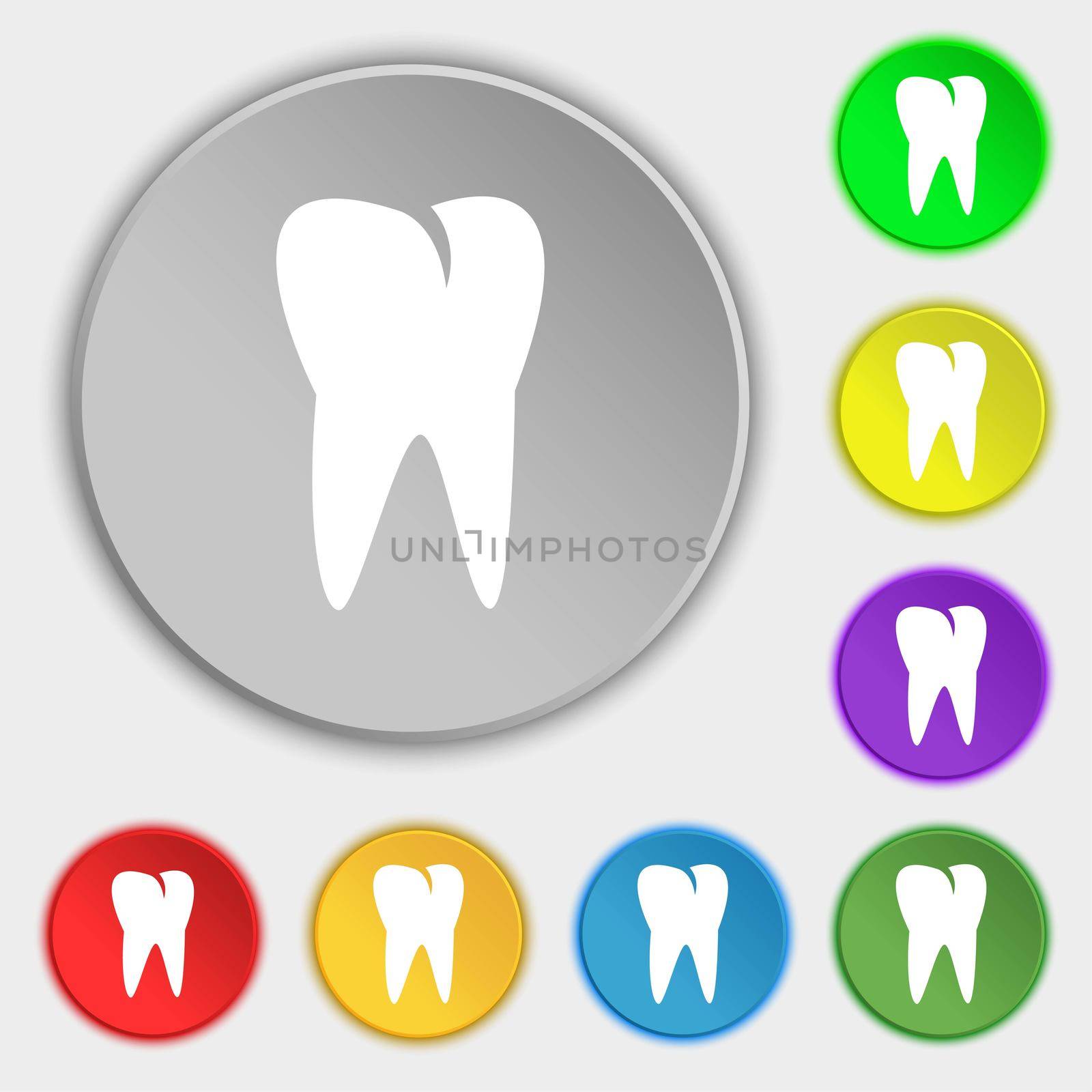 tooth icon. Symbols on eight flat buttons. illustration