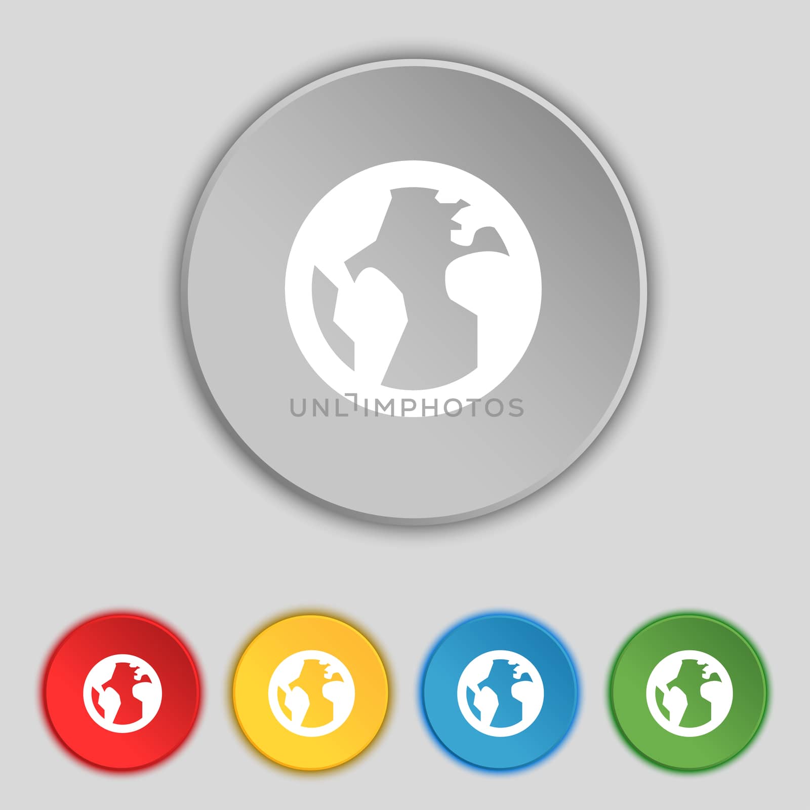 Globe, World map geography icon sign. Symbol on five flat buttons.  by serhii_lohvyniuk