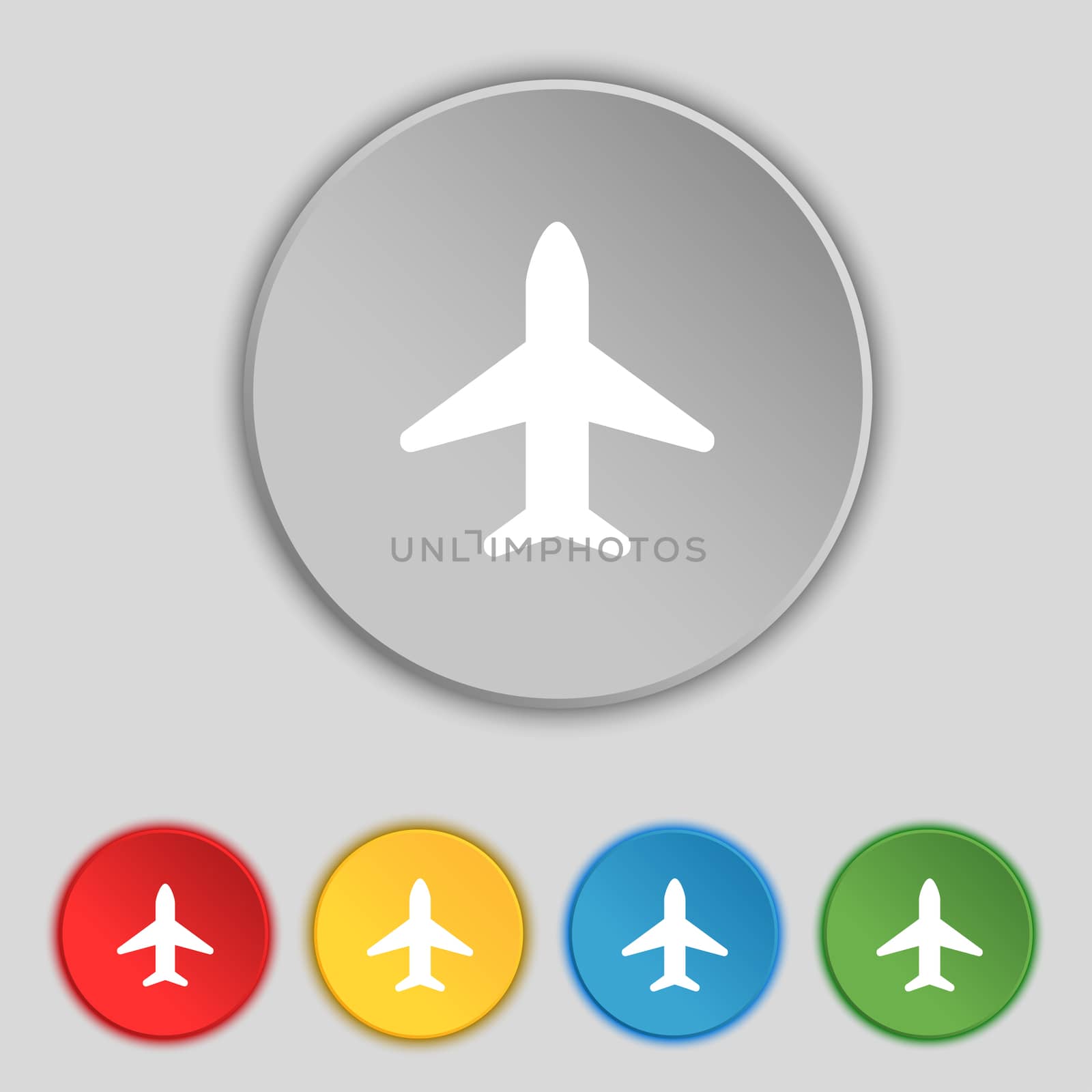 Airplane, Plane, Travel, Flight icon sign. Symbol on five flat buttons.  by serhii_lohvyniuk