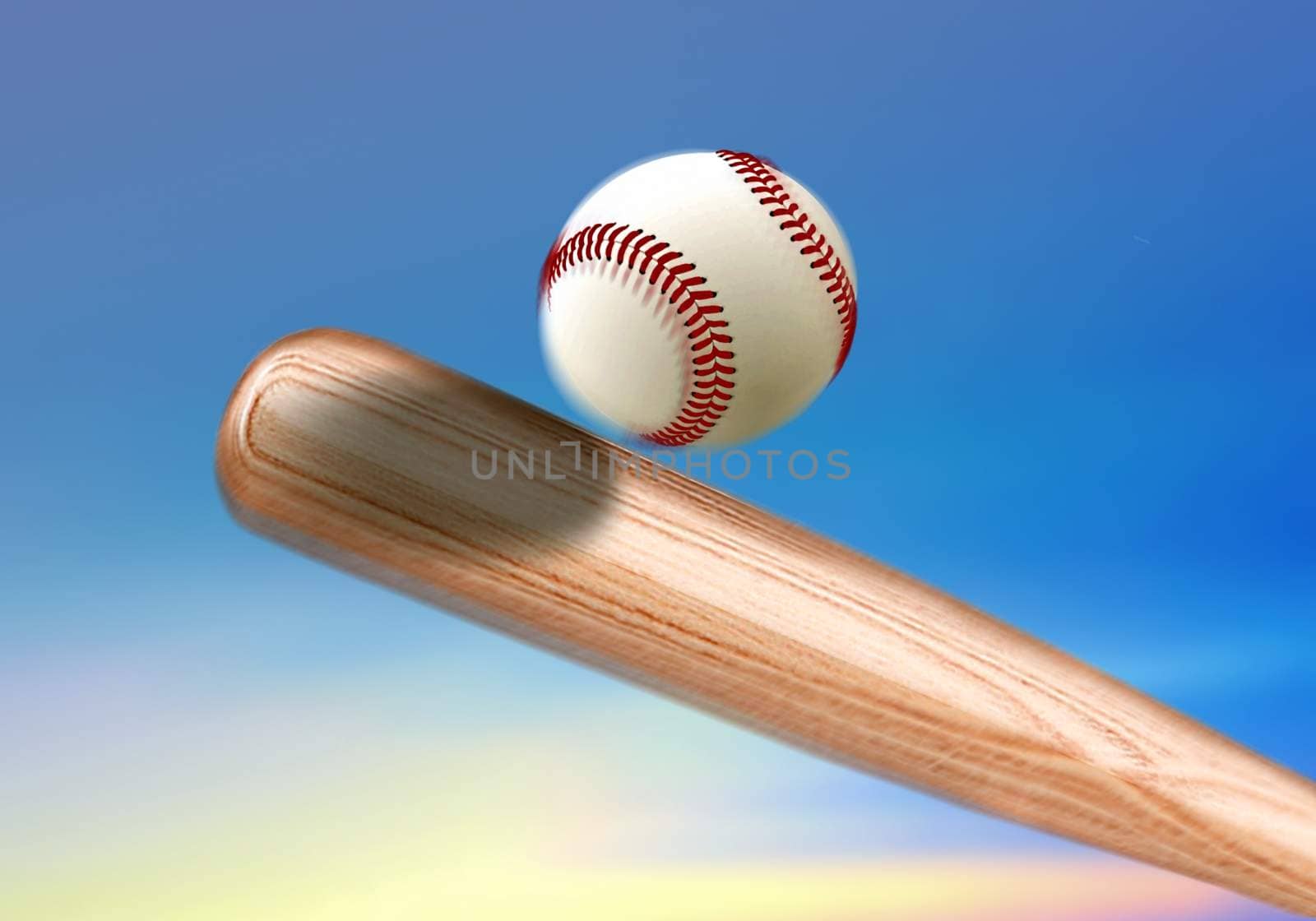 Baseball bat hitting ball under blue sky by razihusin