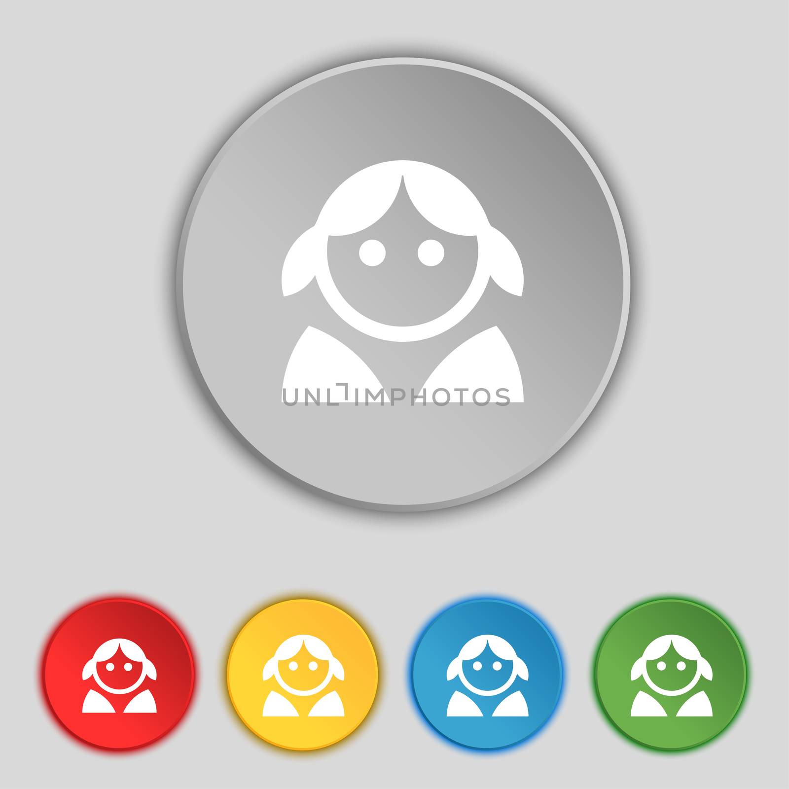 Female, Woman human, Women toilet, User, Login icon sign. Symbol on five flat buttons.  by serhii_lohvyniuk