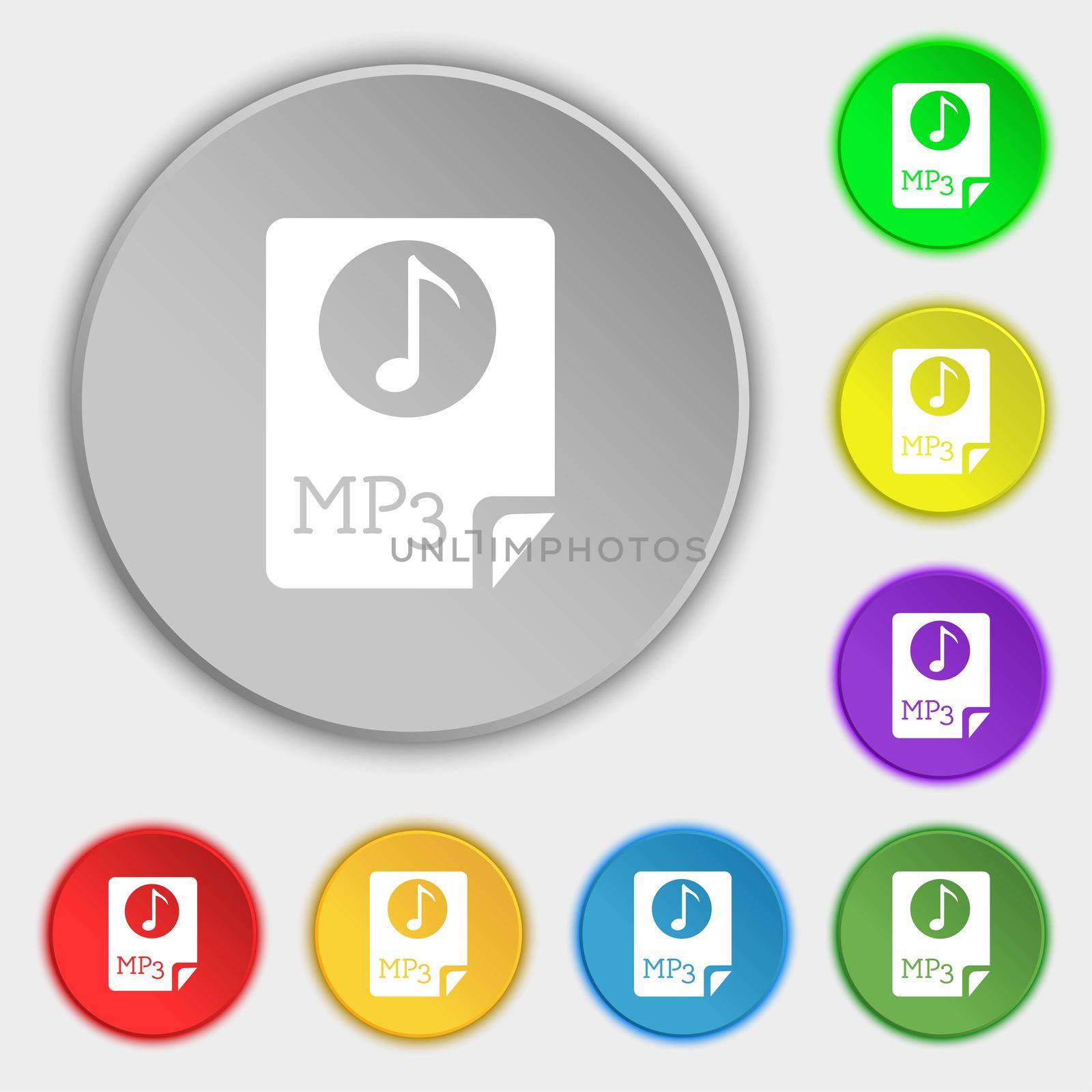 Audio, MP3 file icon sign. Symbols on eight flat buttons.  by serhii_lohvyniuk