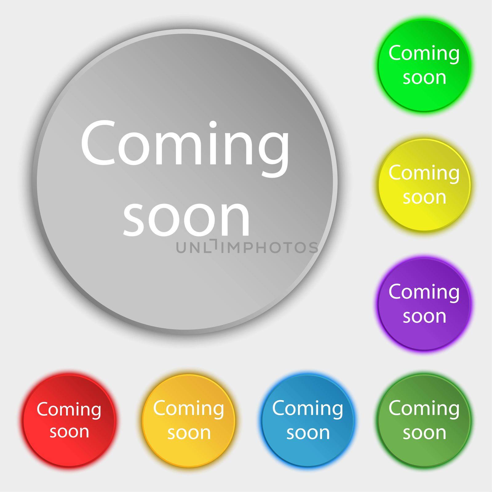Coming soon sign icon. Promotion announcement symbol. Symbols on eight flat buttons. illustration