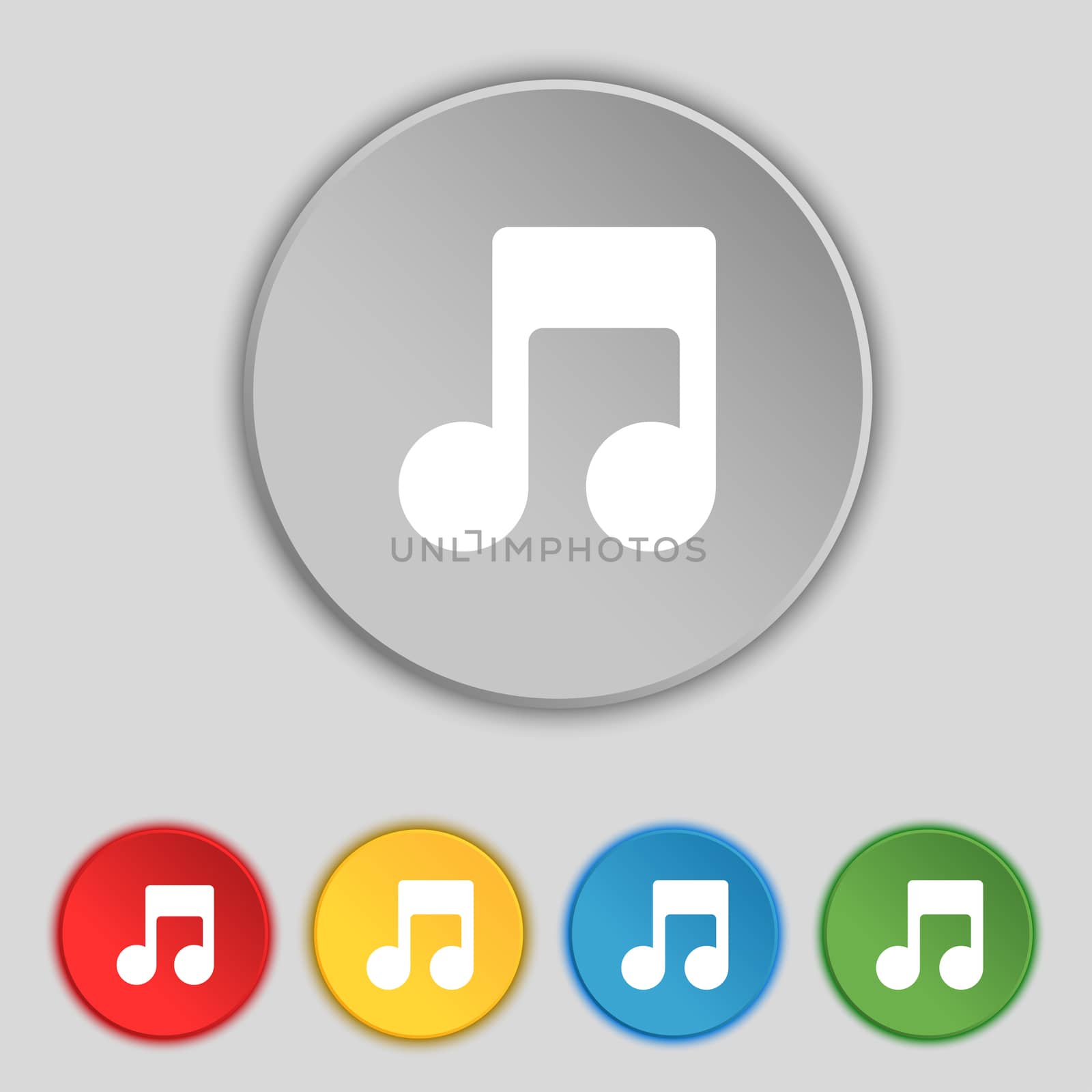 Music note icon sign. Symbol on five flat buttons. illustration