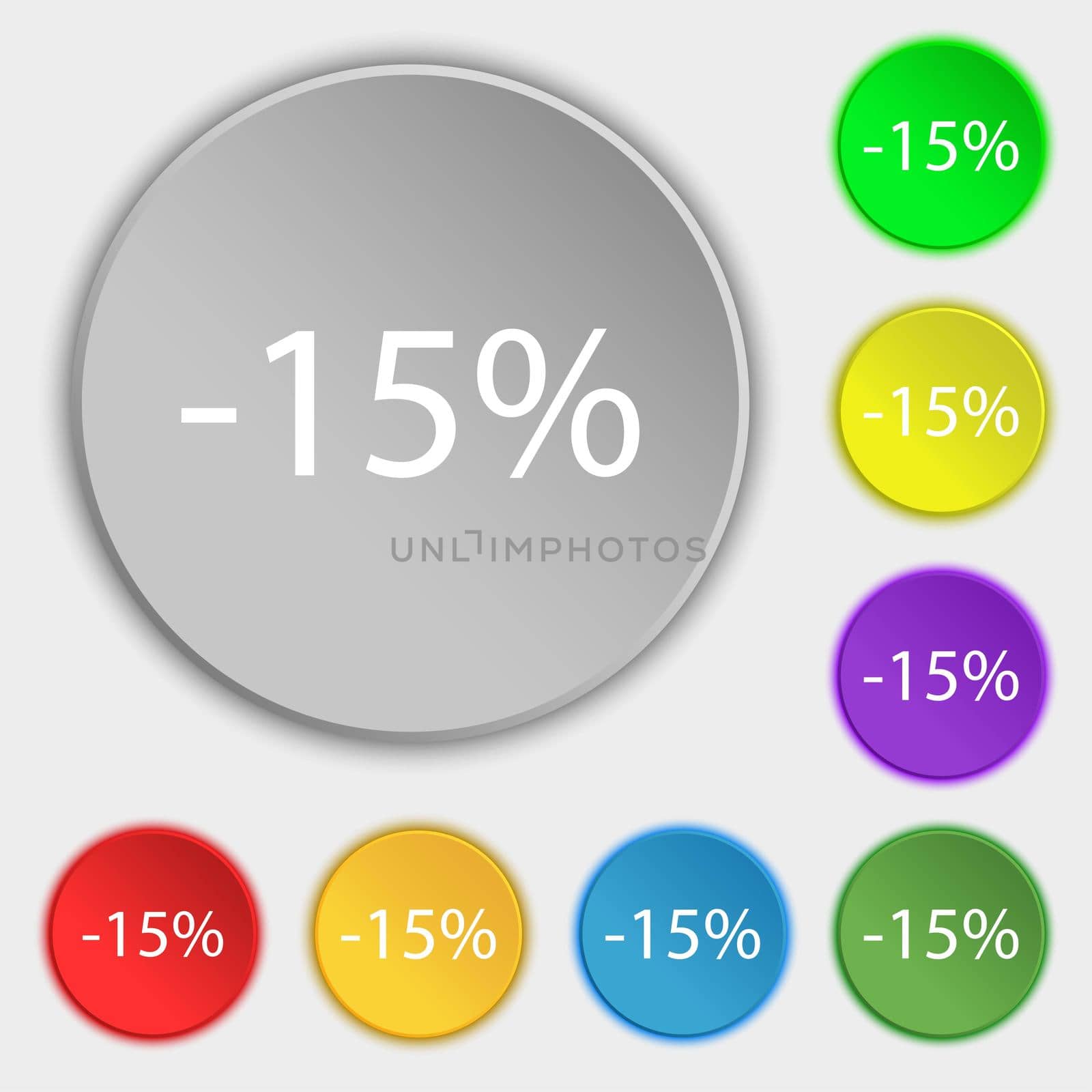 15 percent discount sign icon. Sale symbol. Special offer label. Symbols on eight flat buttons. illustration