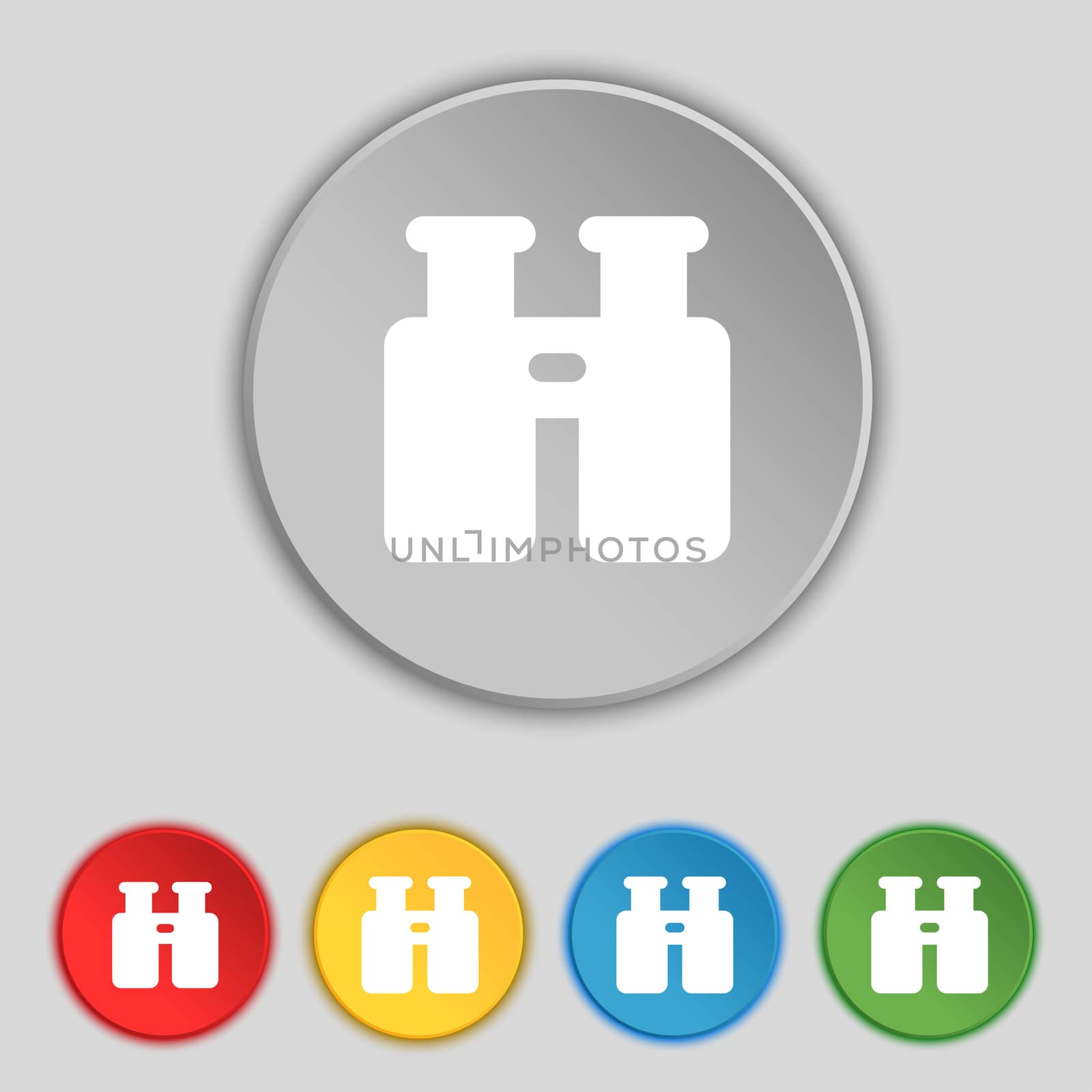 Binocular, Search, Find information icon sign. Symbol on five flat buttons.  by serhii_lohvyniuk