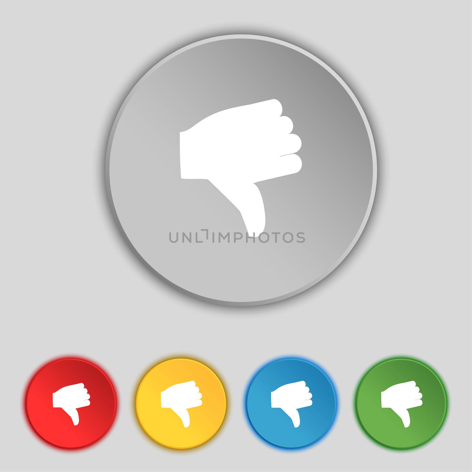 Dislike, Thumb down icon sign. Symbol on five flat buttons.  by serhii_lohvyniuk