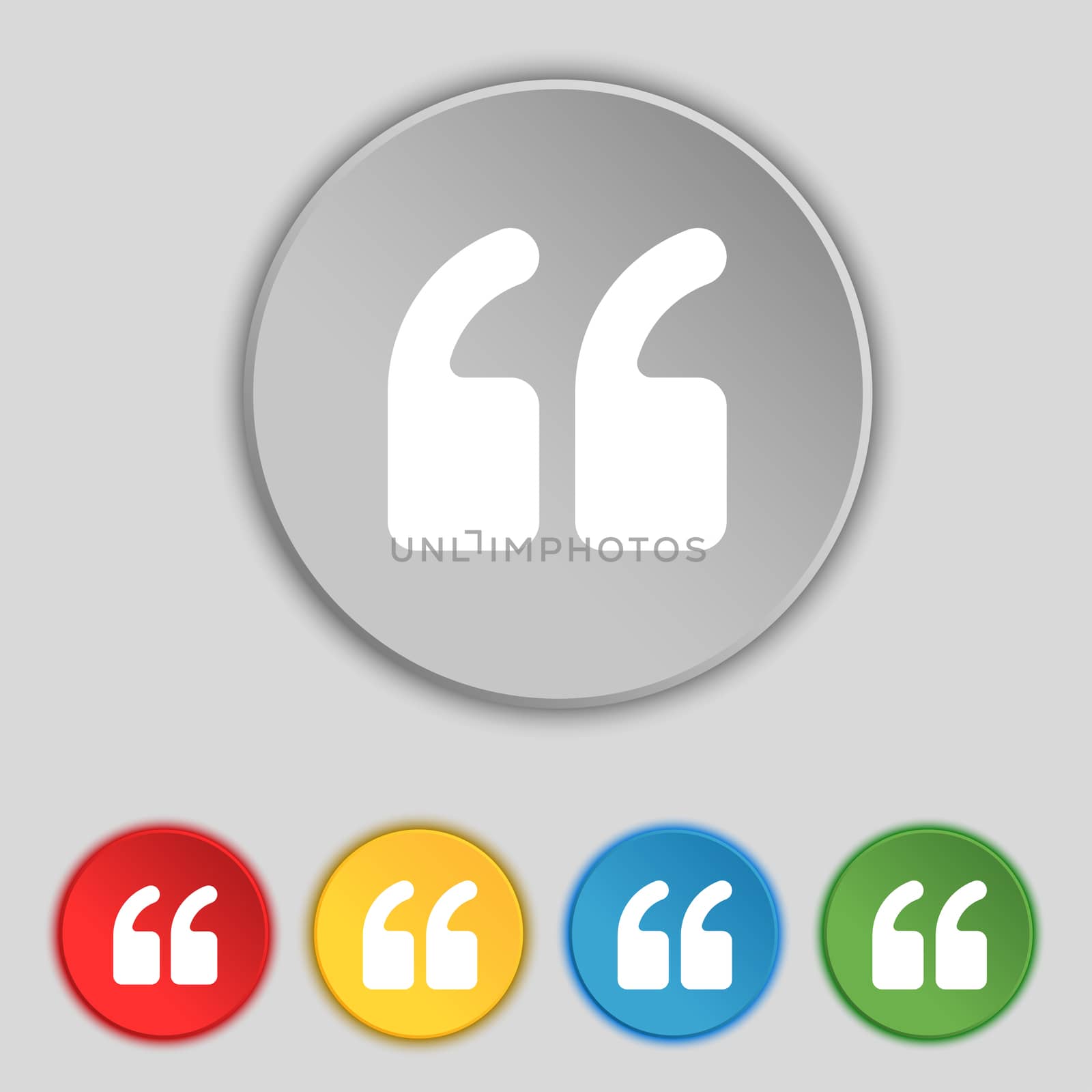 Double quotes at the beginning of words icon sign. Symbol on five flat buttons. illustration