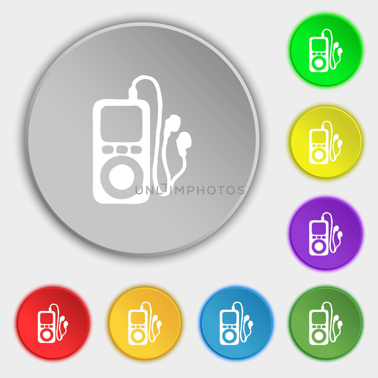MP3 player, headphones, music icon sign. Symbol on five flat buttons. illustration