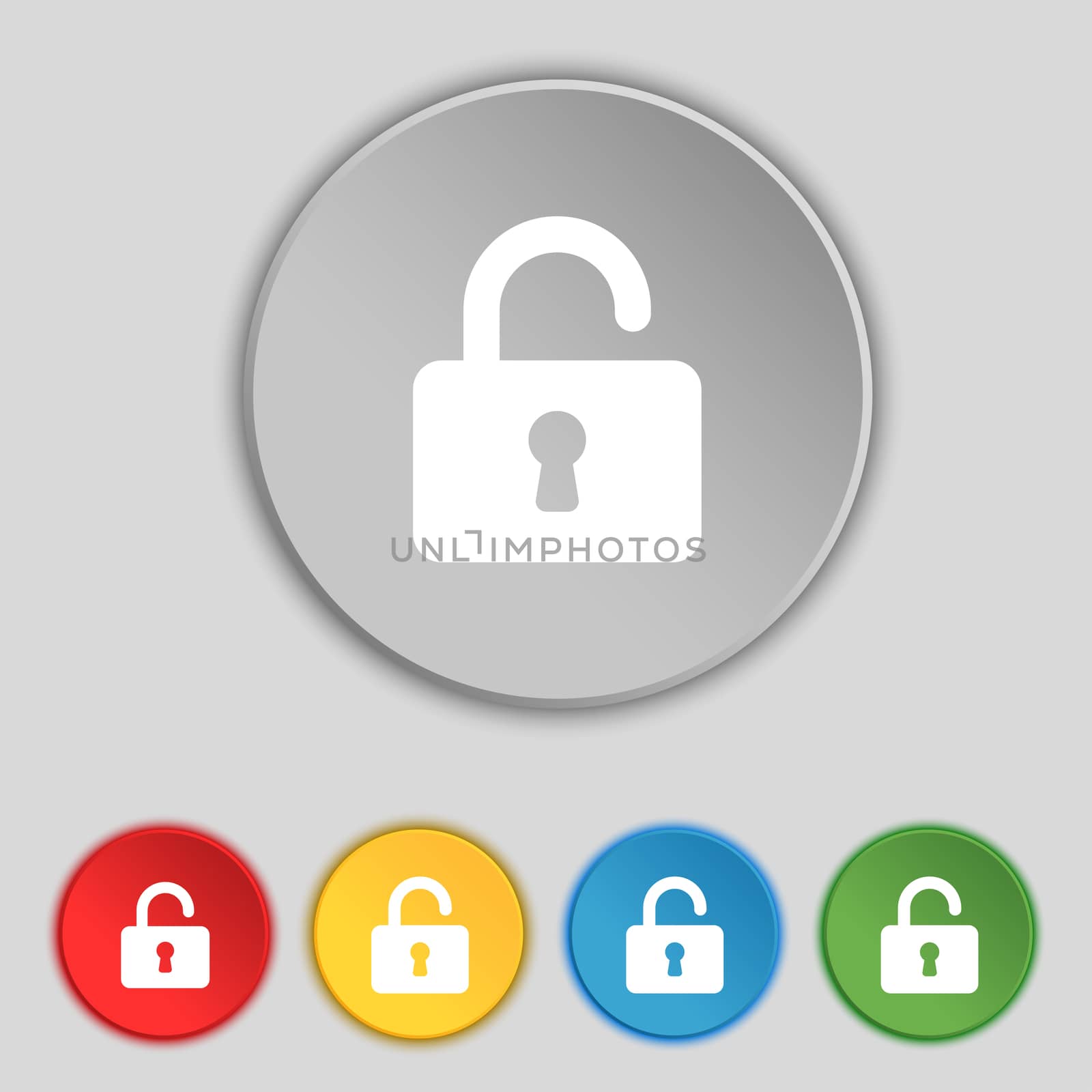 Open Padlock icon sign. Symbol on five flat buttons. illustration