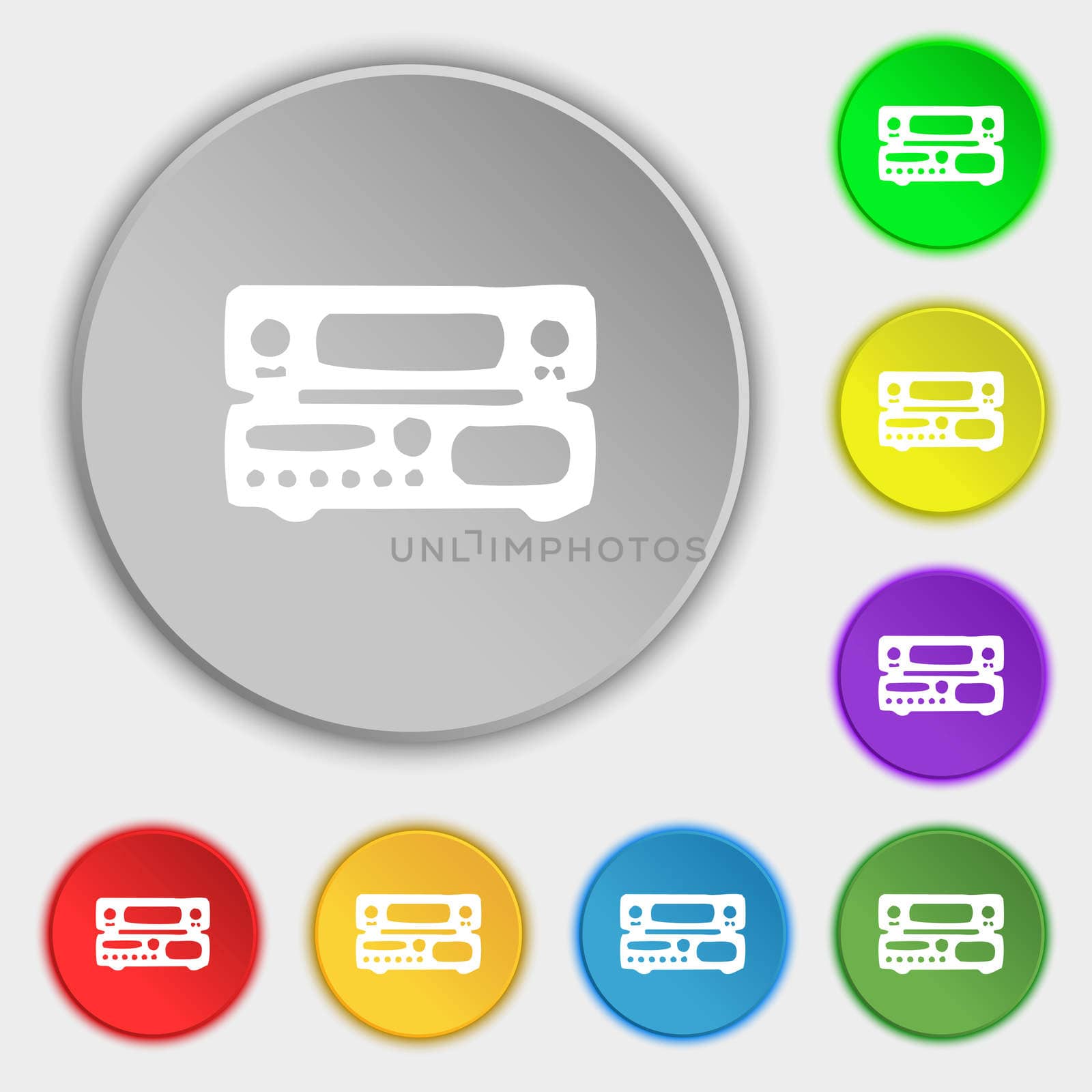 radio, receiver, amplifier icon sign. Symbol on five flat buttons. illustration