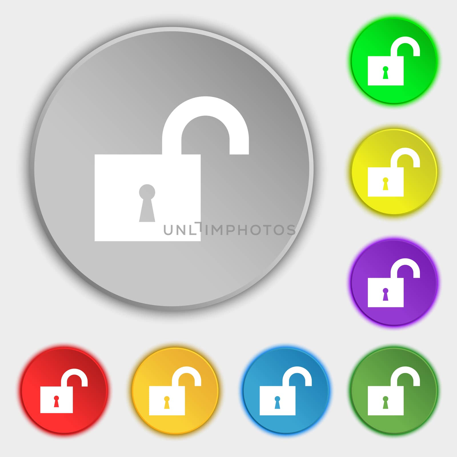 open lock icon sign. Symbol on five flat buttons.  by serhii_lohvyniuk