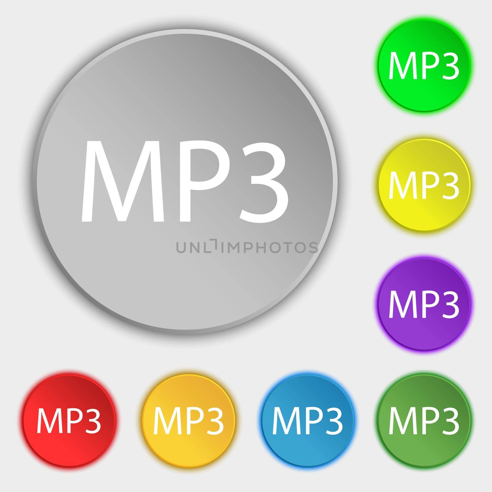 Mp3 music format sign icon. Musical symbol. Symbols on eight flat buttons. illustration