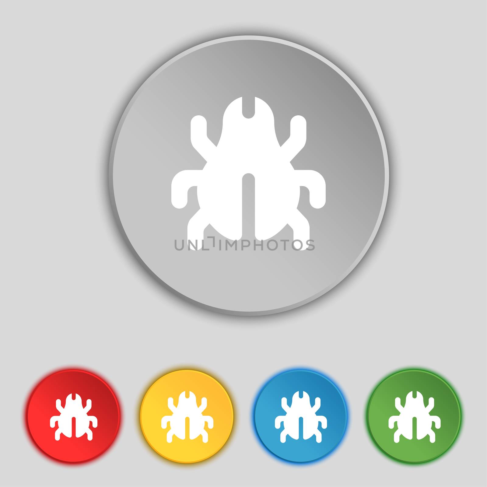 Software Bug, Virus, Disinfection, beetle icon sign. Symbol on five flat buttons. illustration
