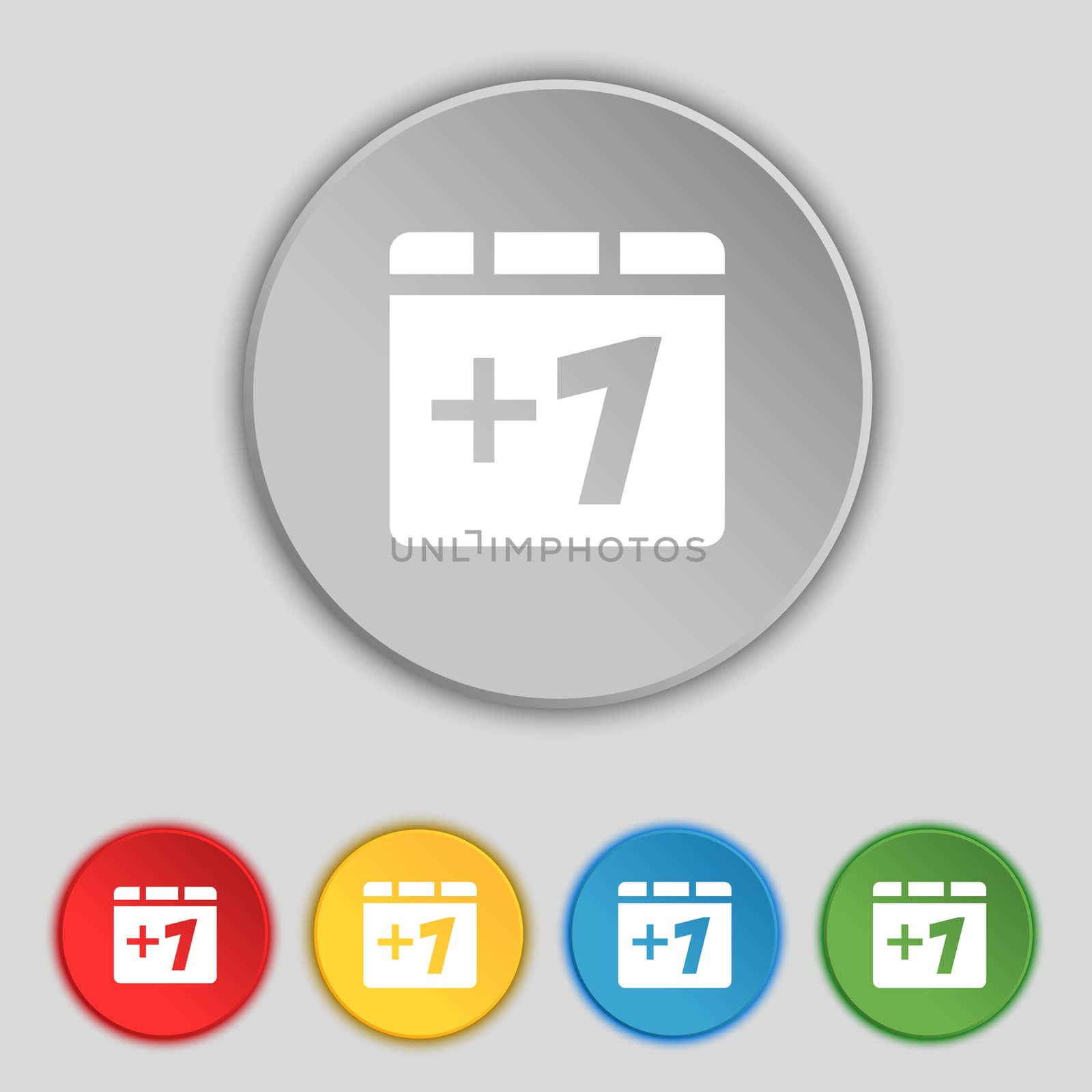 Plus one, Add one icon sign. Symbol on five flat buttons.  by serhii_lohvyniuk