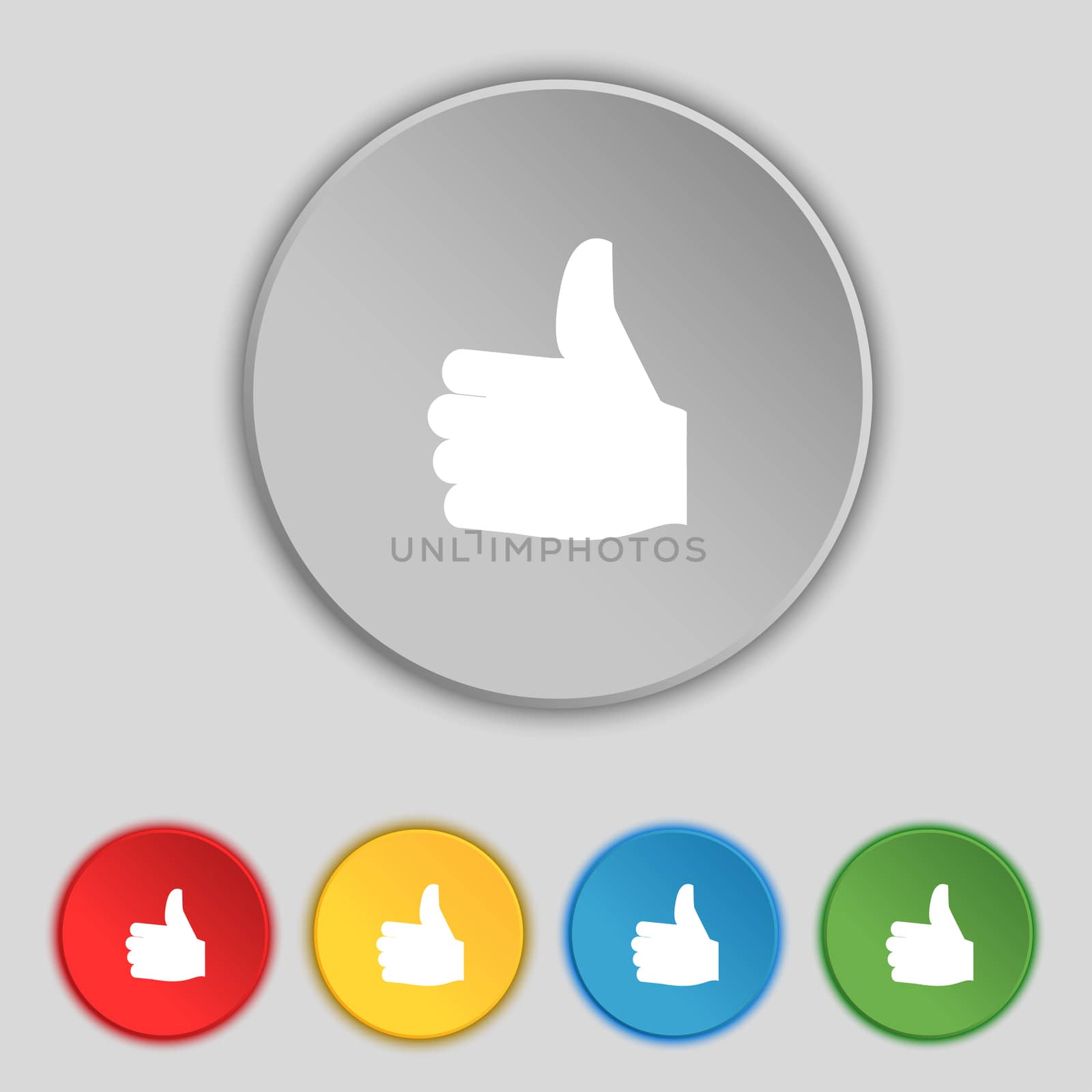 Like, Thumb up icon sign. Symbol on five flat buttons.  by serhii_lohvyniuk