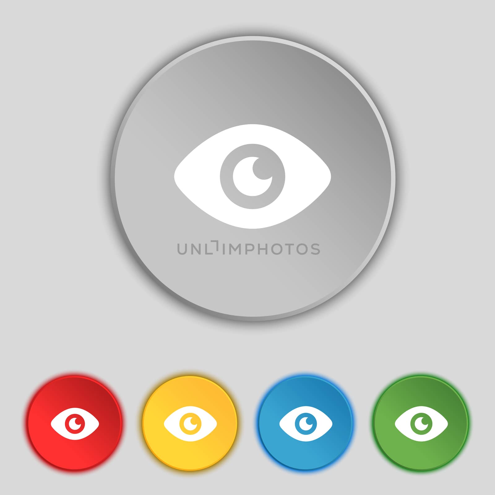 Eye, Publish content icon sign. Symbol on five flat buttons.  by serhii_lohvyniuk