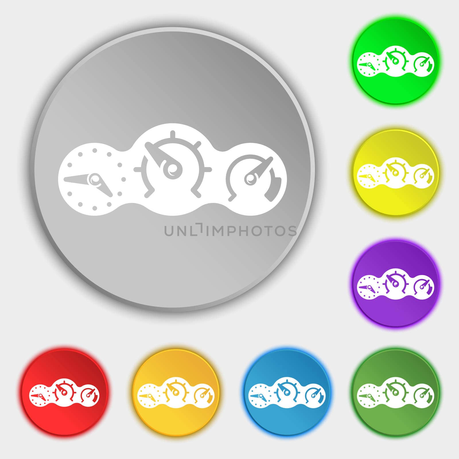 speed, speedometer icon sign. Symbol on five flat buttons. illustration