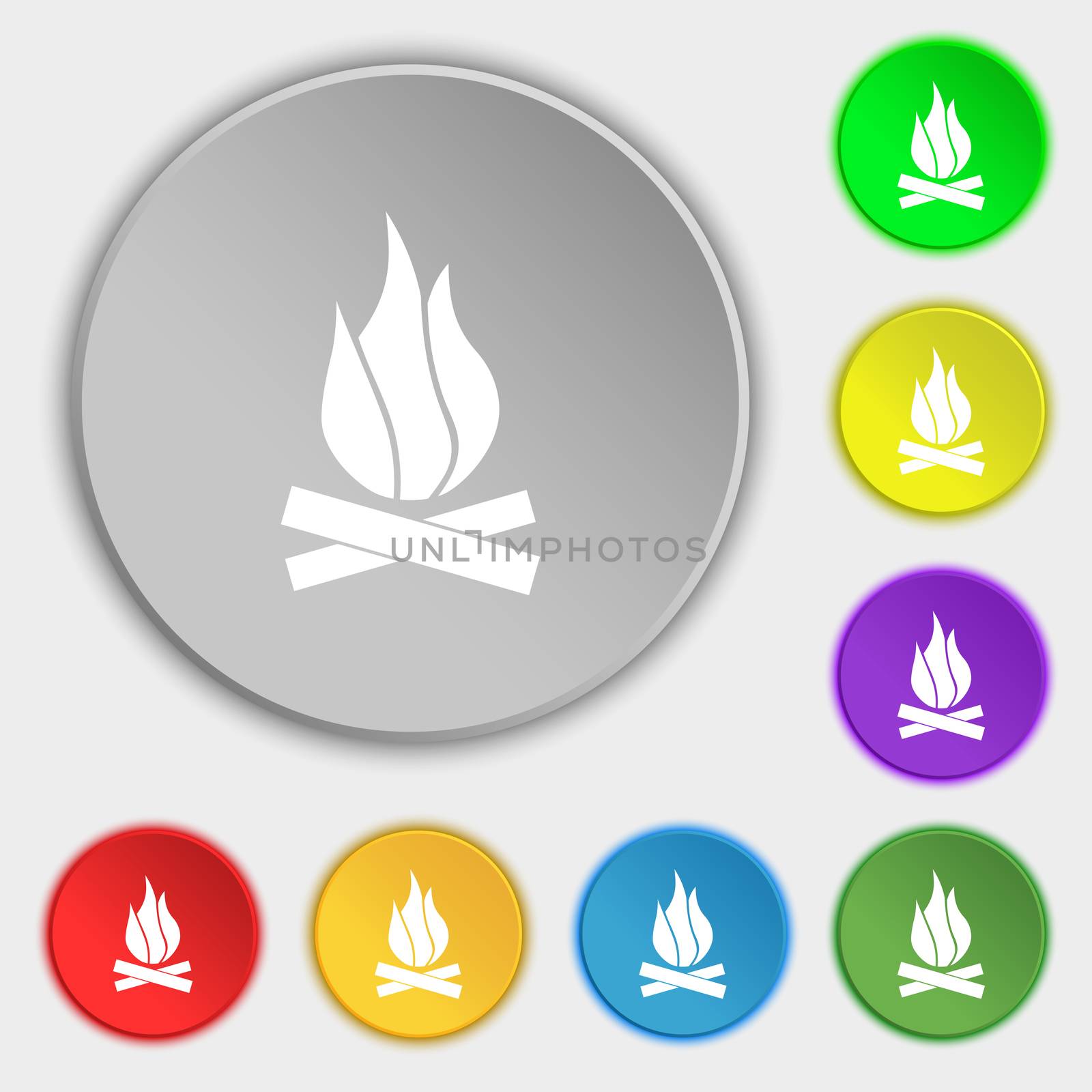 A fire icon sign. Symbol on five flat buttons. illustration