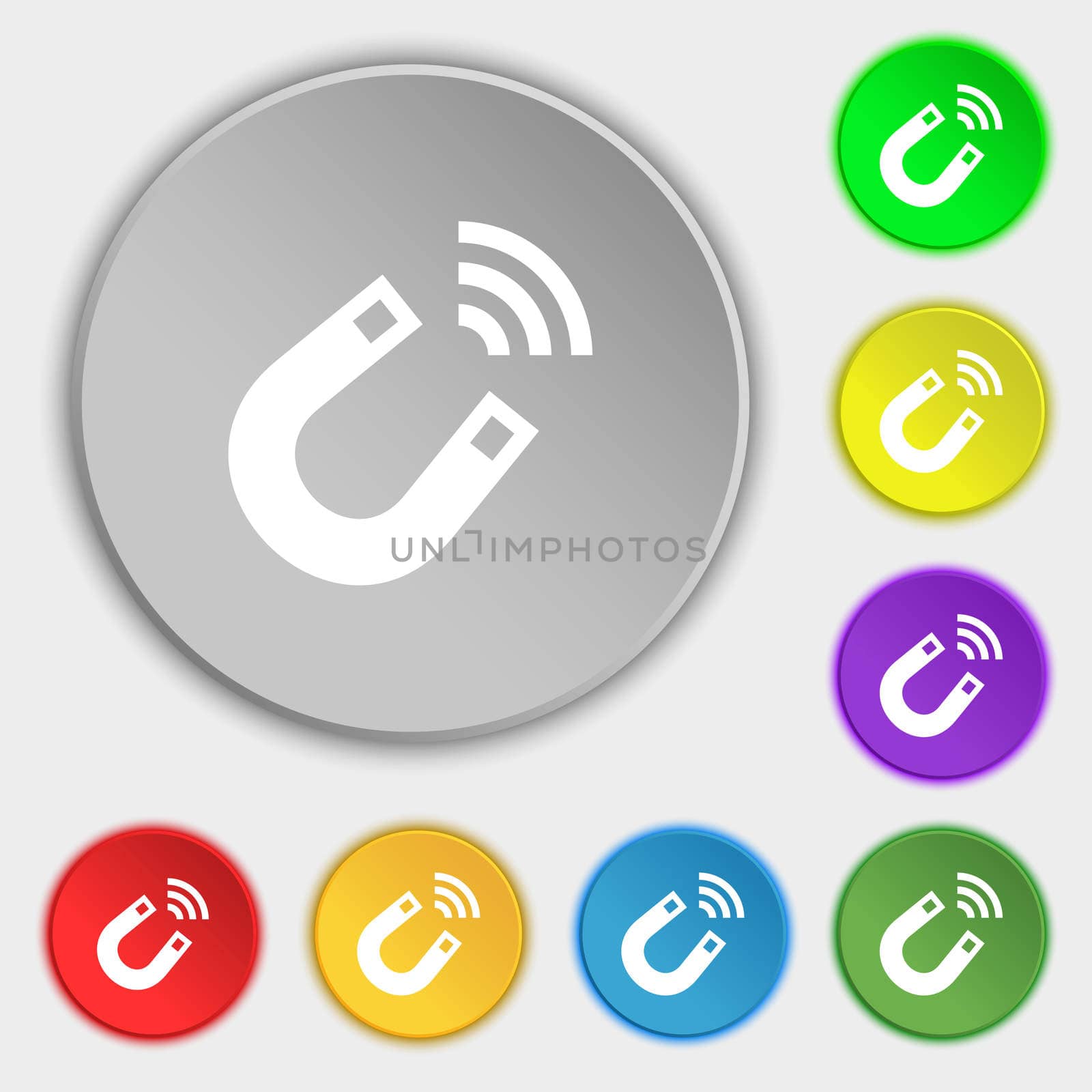 Magnet icon sign. Symbol on eight flat buttons. illustration