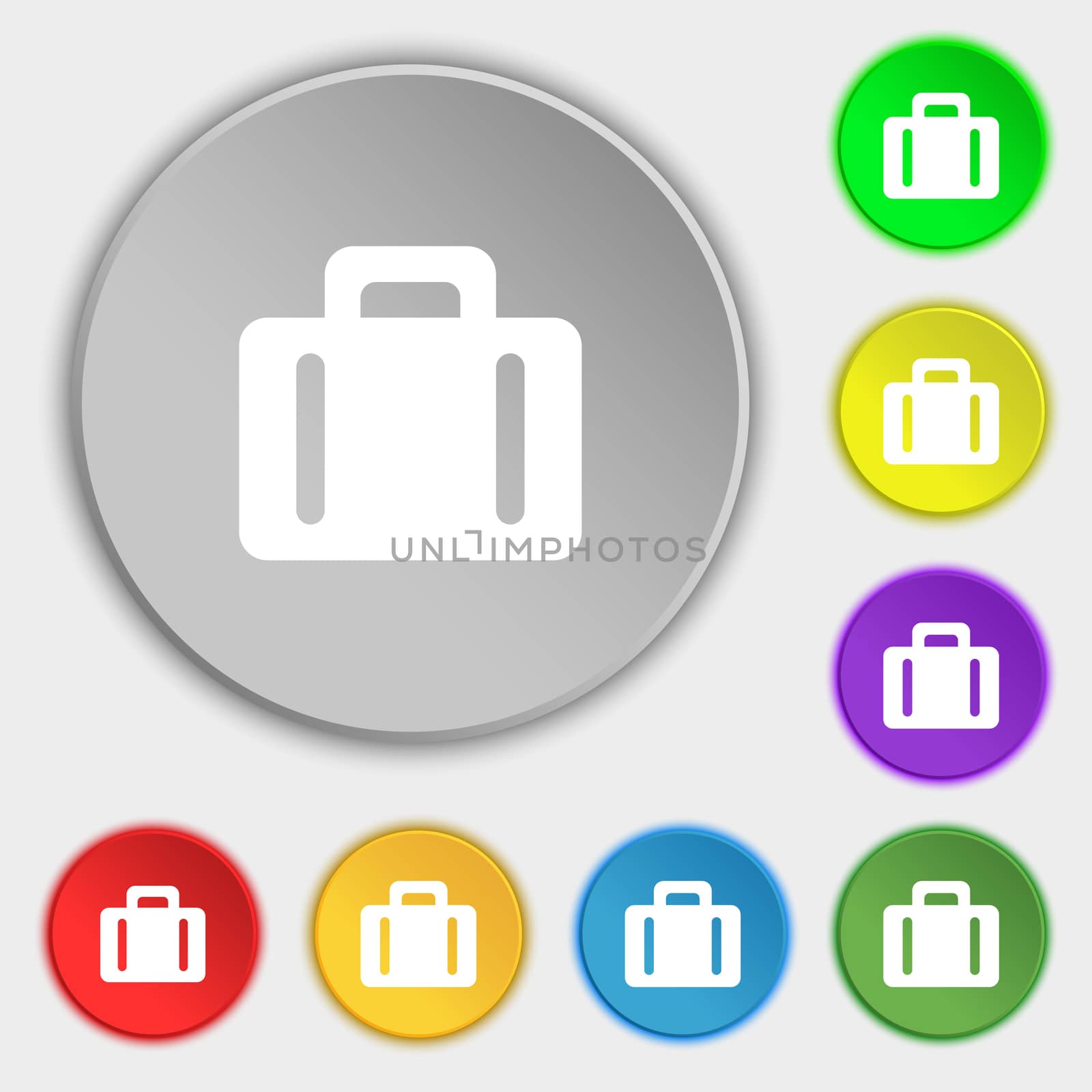 suitcase icon sign. Symbol on five flat buttons.  by serhii_lohvyniuk