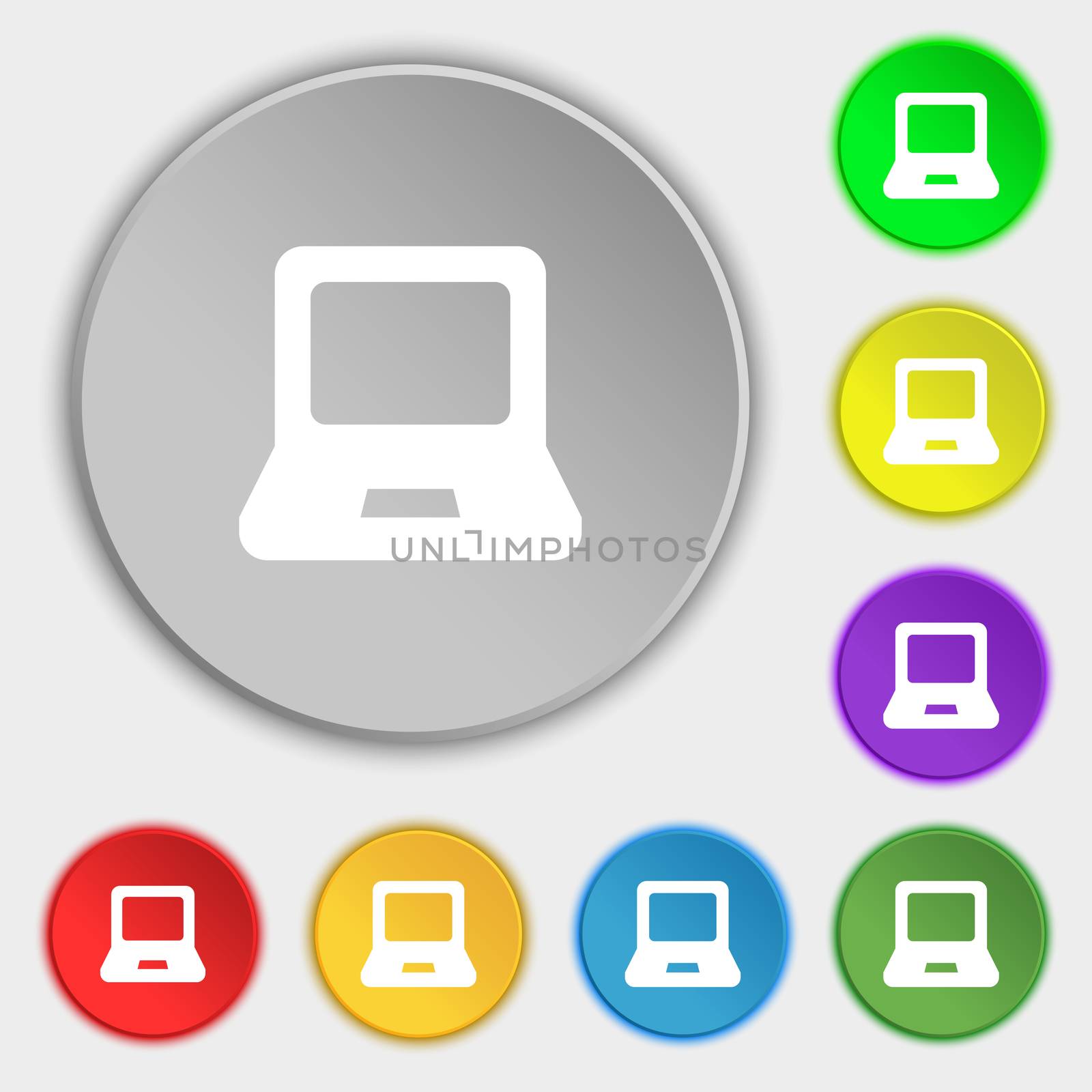 Laptop icon sign. Symbol on five flat buttons. illustration
