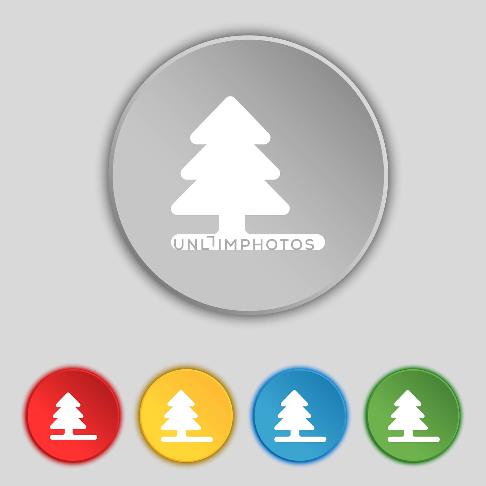 Christmas tree icon sign. Symbol on five flat buttons.  by serhii_lohvyniuk