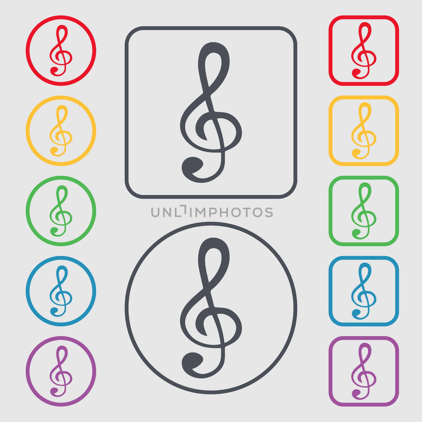 treble clef icon. Symbols on the Round and square buttons with frame. illustration