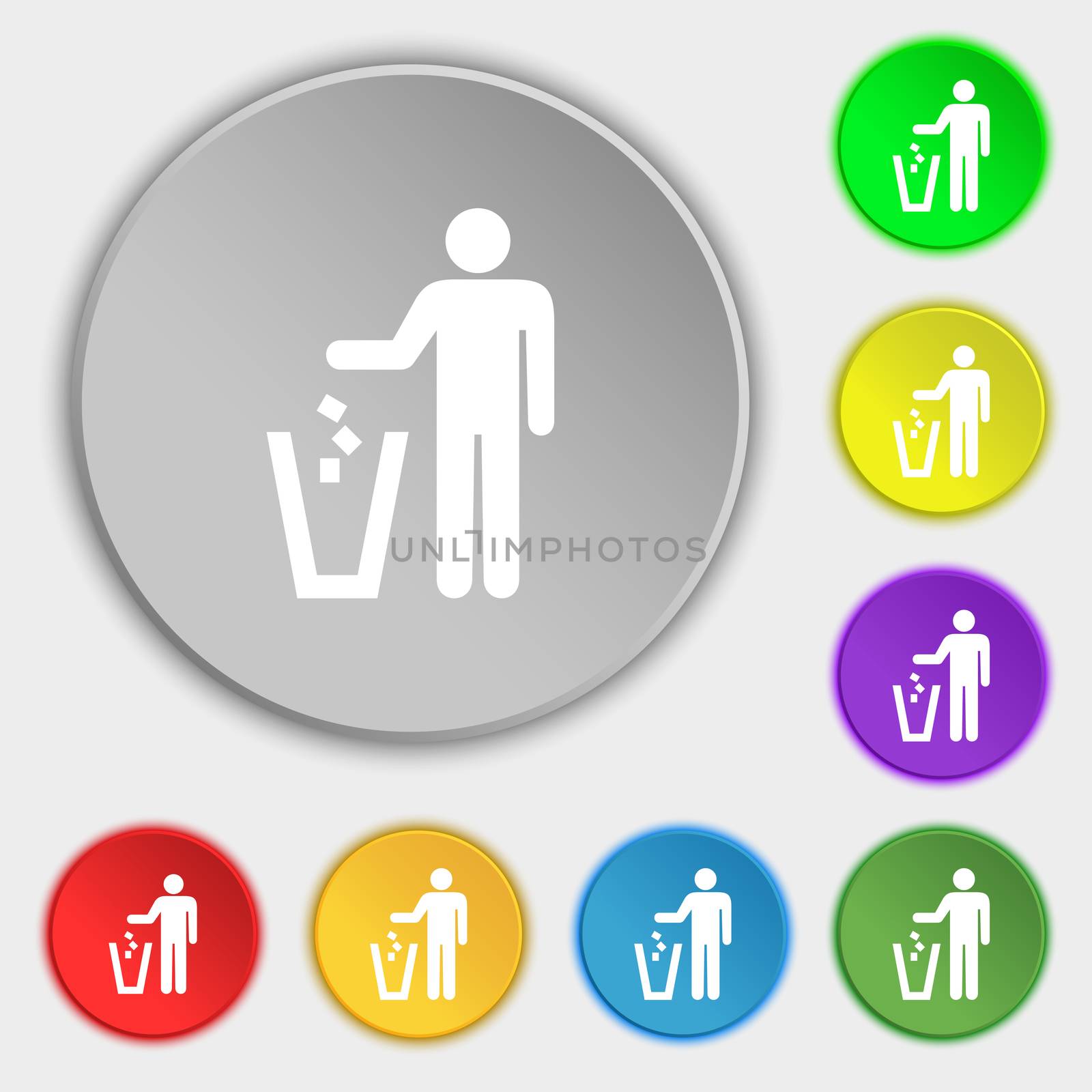 throw away the trash icon sign. Symbol on five flat buttons. illustration