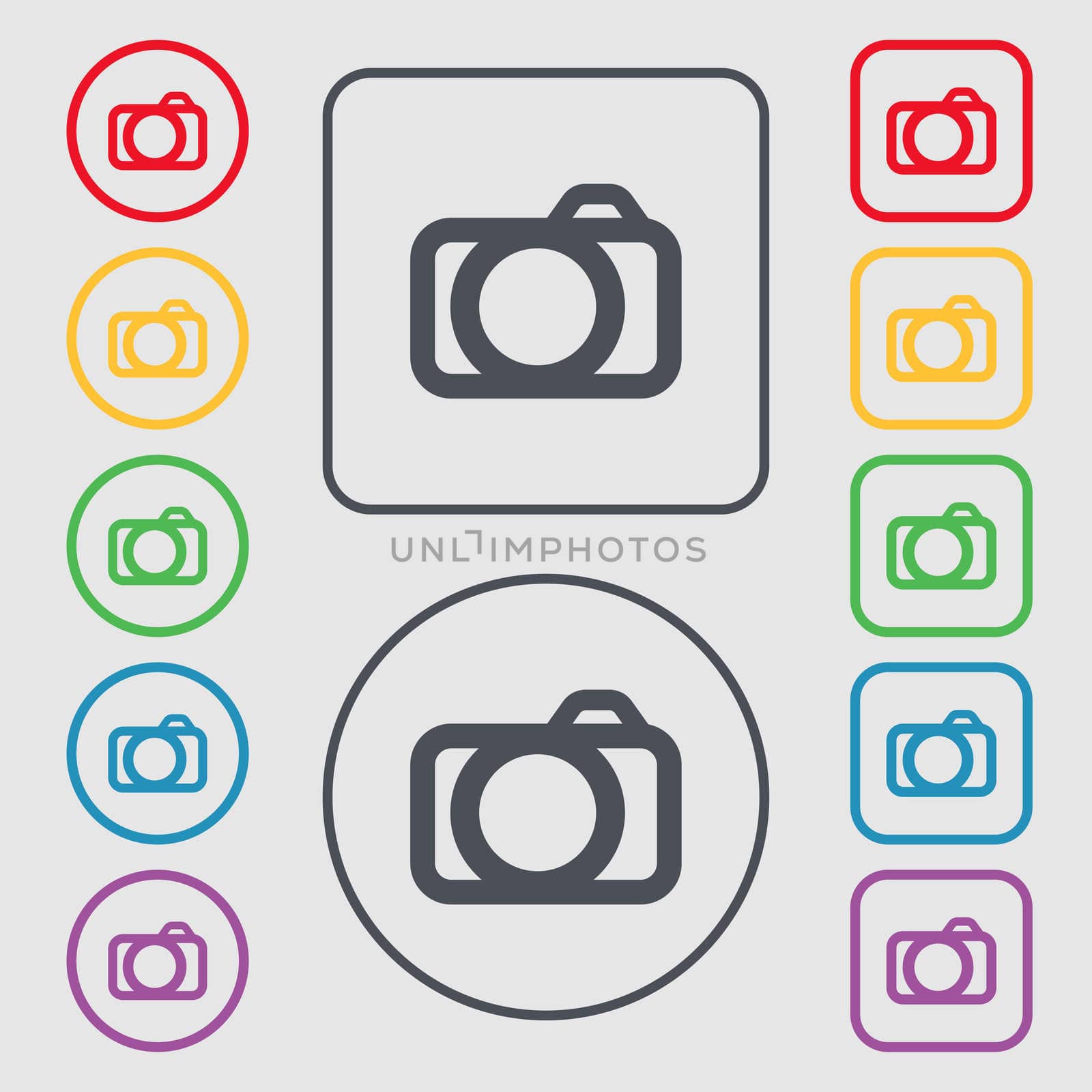 Photo camera sign icon. Digital photo camera symbol. Symbols on the Round and square buttons with frame.  by serhii_lohvyniuk