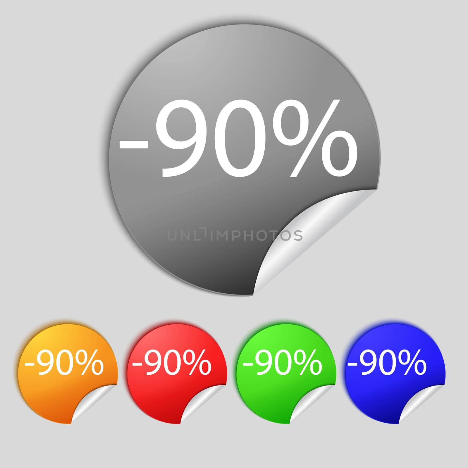 90 percent discount sign icon. Sale symbol. Special offer label. Set of colored buttons  by serhii_lohvyniuk