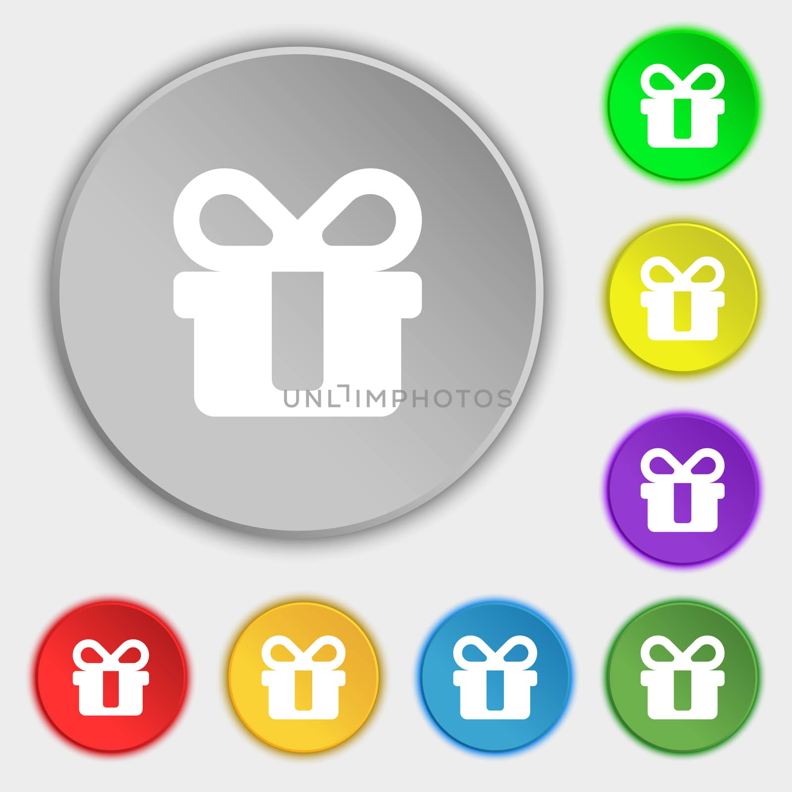 gift icon sign. Symbol on five flat buttons. illustration