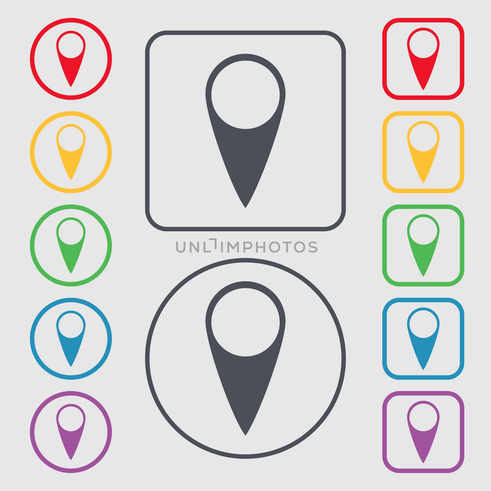 Map pointer icon. GPS location symbol. Symbols on the Round and square buttons with frame. illustration