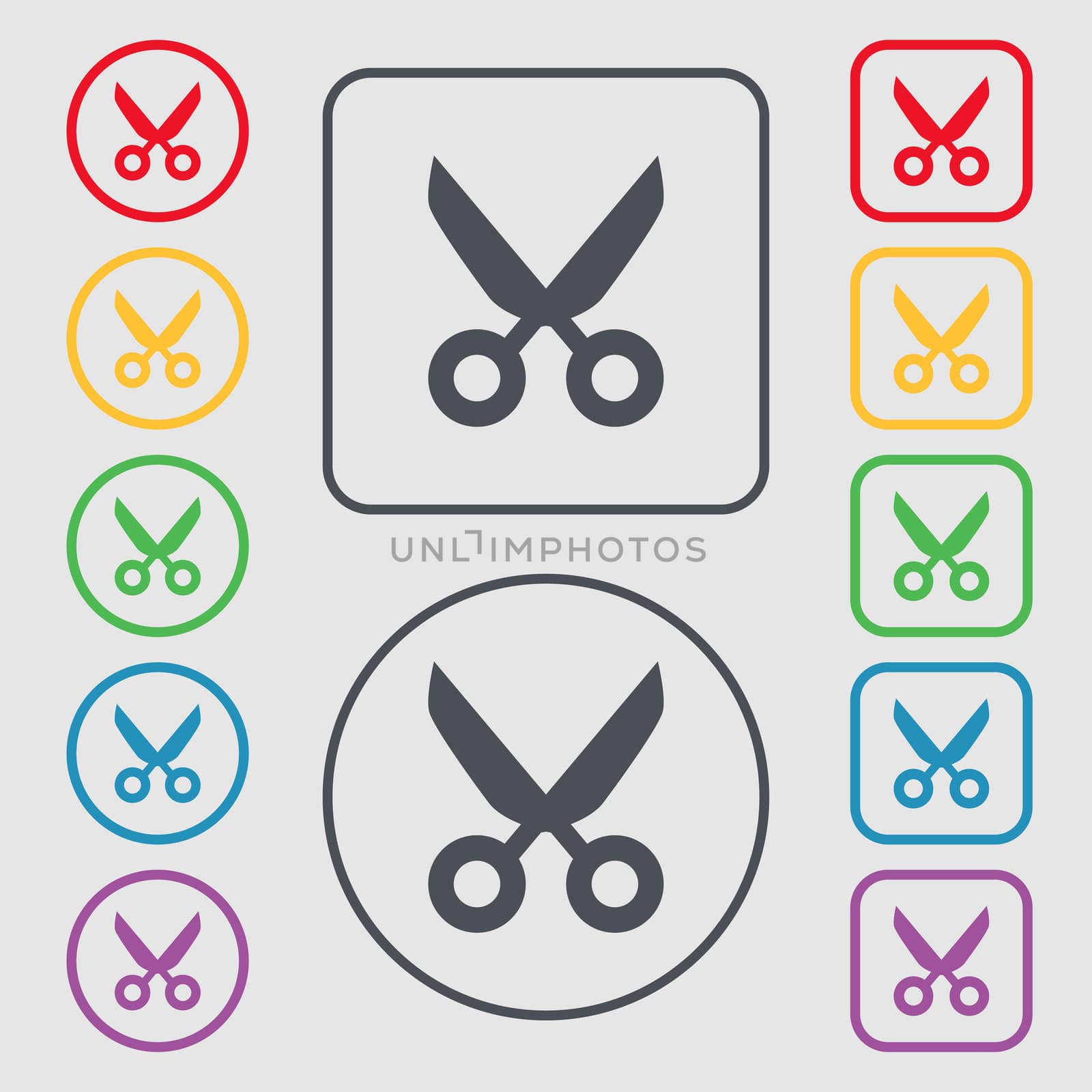 Scissors hairdresser sign icon. Tailor symbol. Symbols on the Round and square buttons with frame.  by serhii_lohvyniuk