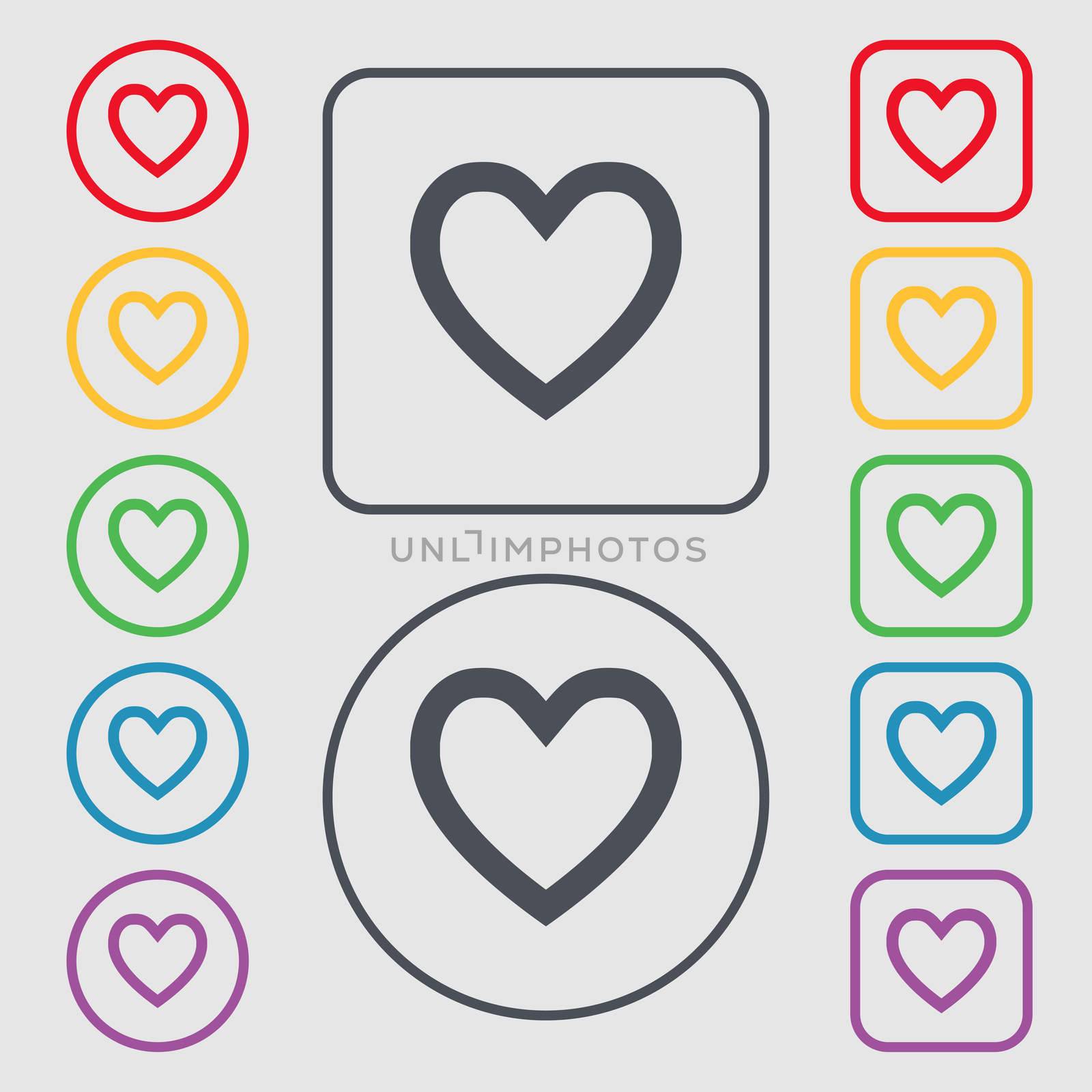 Heart sign icon. Love symbol. Symbols on the Round and square buttons with frame. illustration