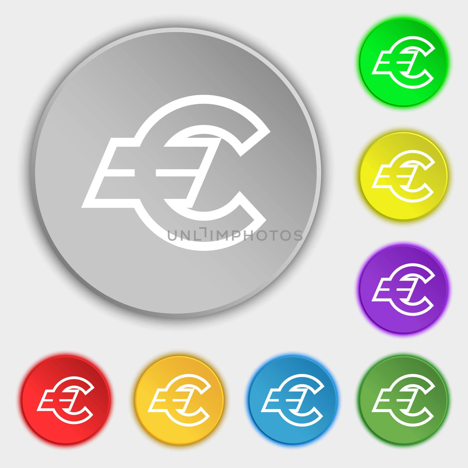 Euro EUR icon sign. Symbol on eight flat buttons. illustration