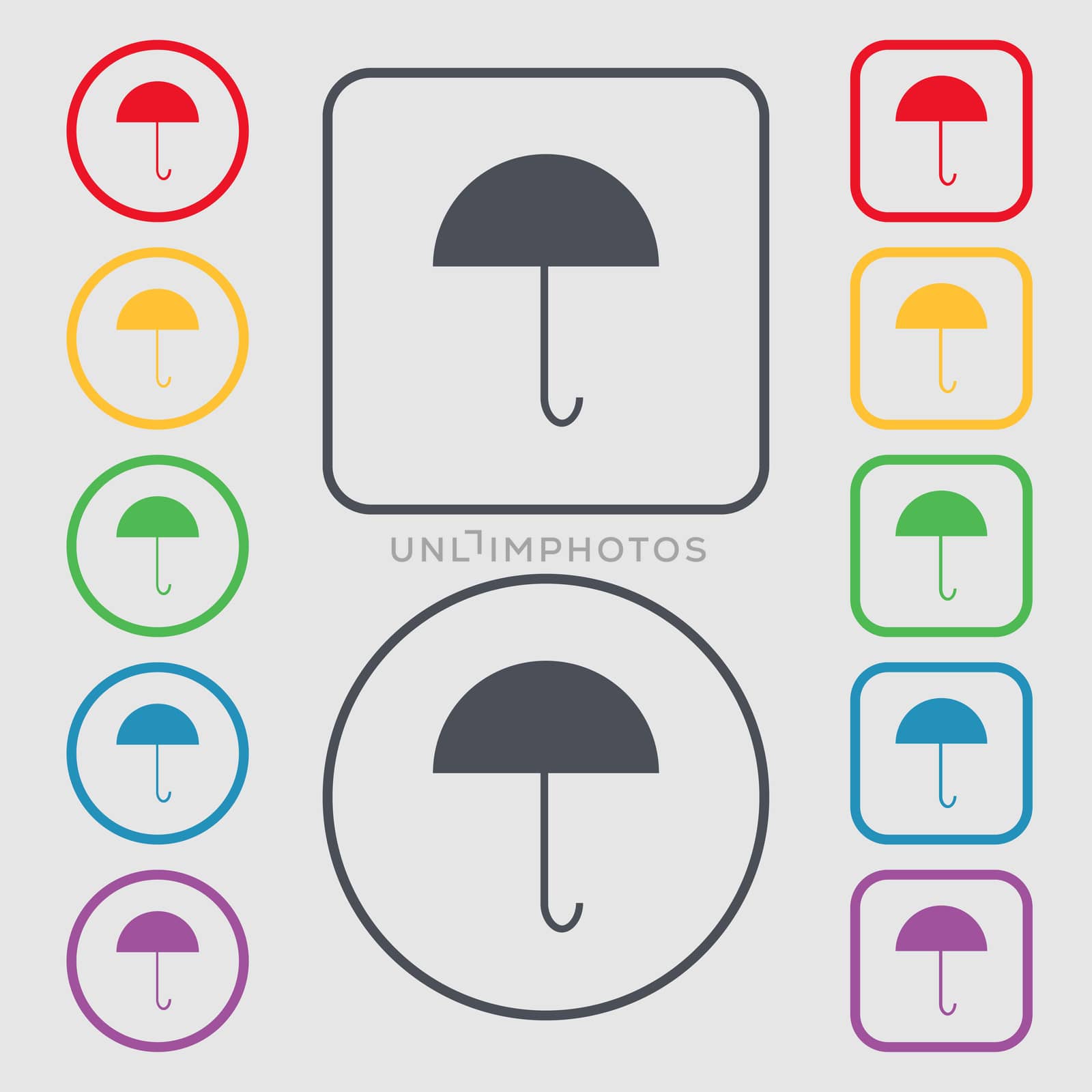 Umbrella sign icon. Rain protection symbol. Symbols on the Round and square buttons with frame.  by serhii_lohvyniuk