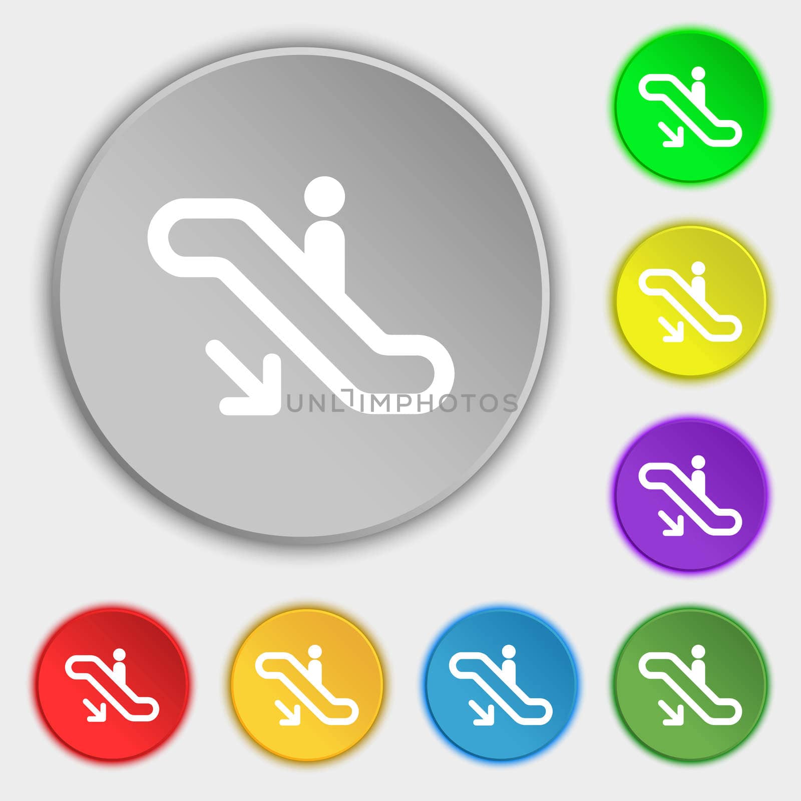 elevator, Escalator, Staircase icon sign. Symbol on five flat buttons.  by serhii_lohvyniuk