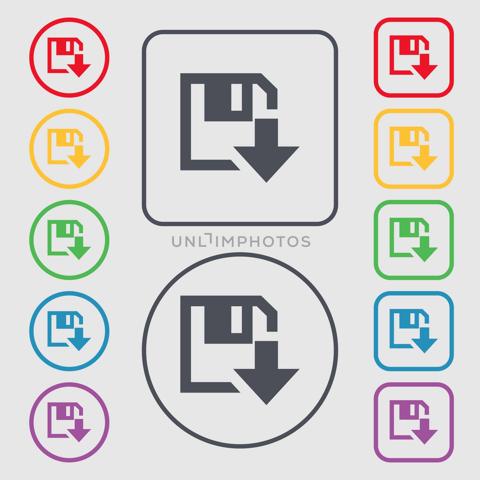 floppy icon. Flat modern design. Symbols on the Round and square buttons with frame. illustration