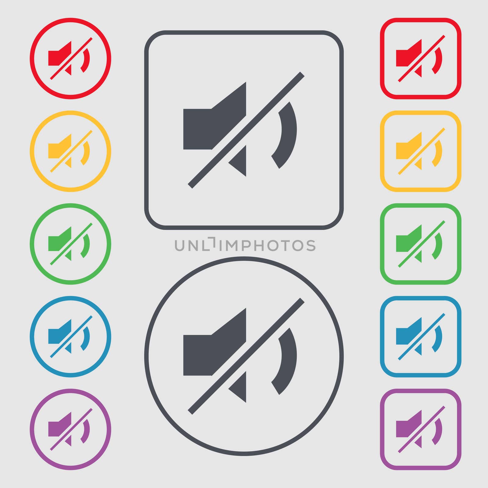 Mute speaker sign icon. Sound symbol.. Symbols on the Round and square buttons with frame. illustration