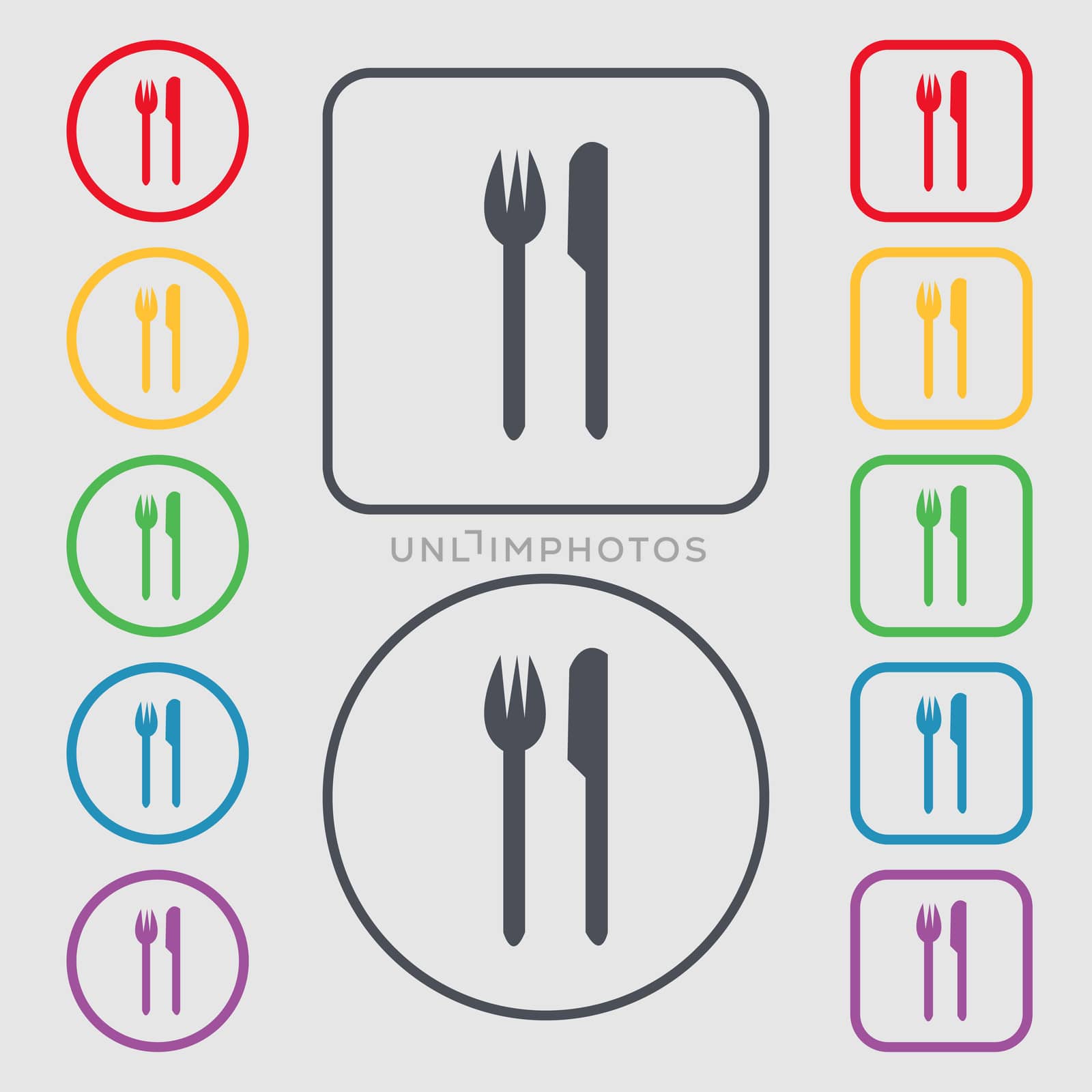 Eat sign icon. Cutlery symbol. Fork and knife. Symbols on the Round and square buttons with frame.  by serhii_lohvyniuk