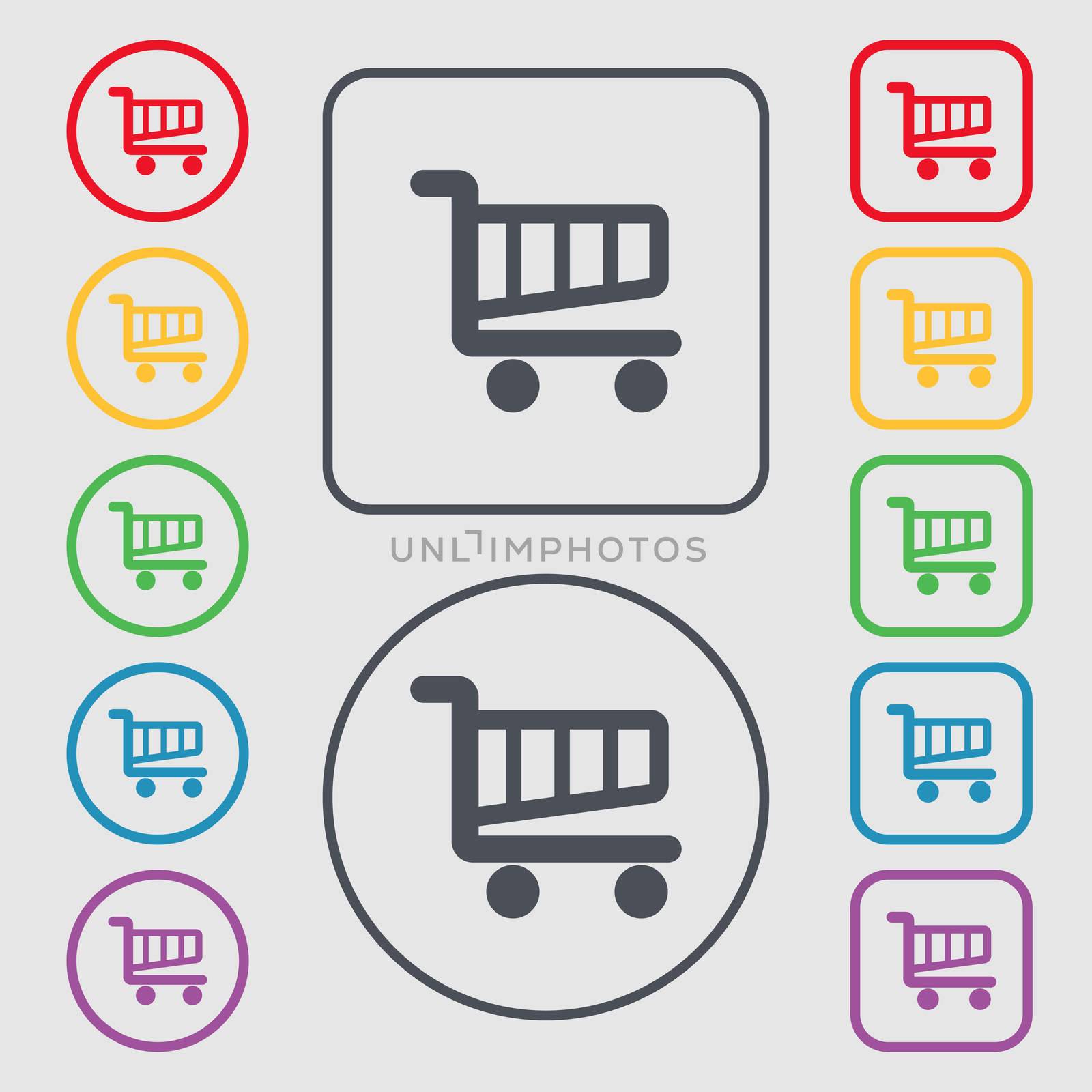 Shopping Cart sign icon. Online buying button. Symbols on the Round and square buttons with frame.  by serhii_lohvyniuk
