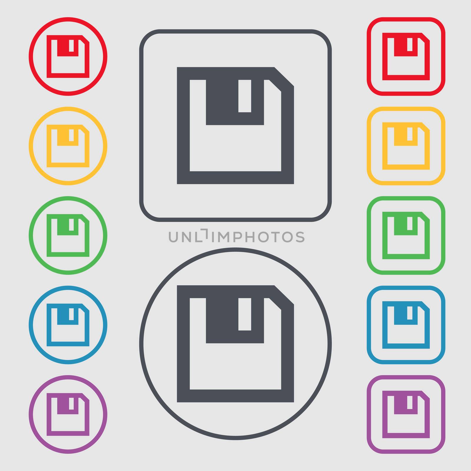 floppy icon. Flat modern design. Symbols on the Round and square buttons with frame.  by serhii_lohvyniuk