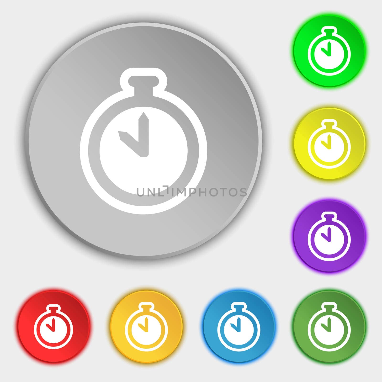 The stopwatch icon sign. Symbol on eight flat buttons.  by serhii_lohvyniuk