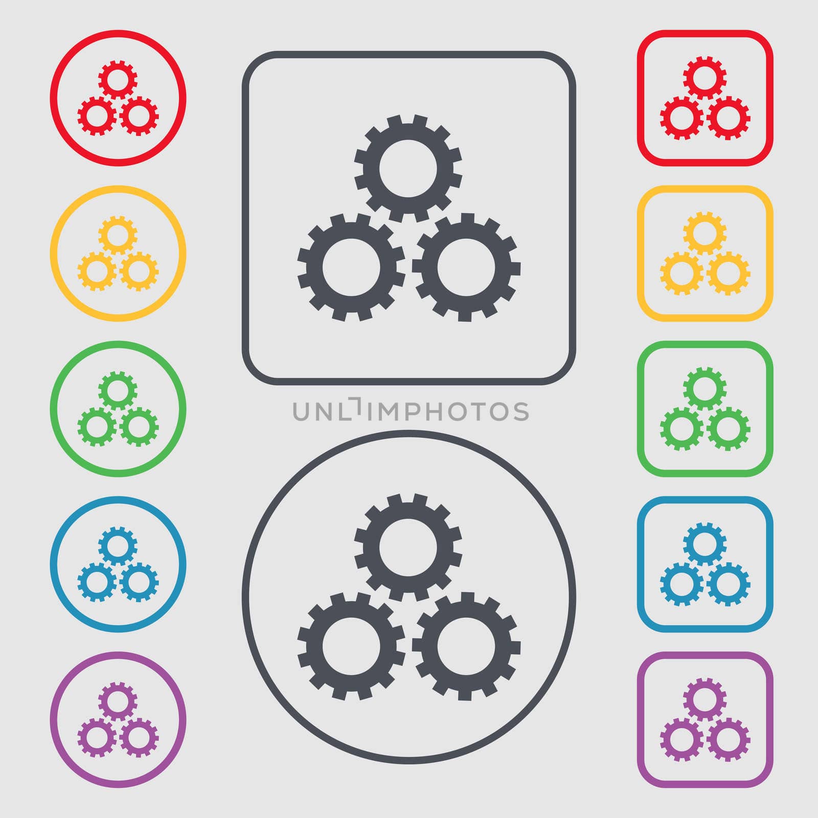 Cog settings sign icon. Cogwheel gear mechanism symbol. Symbols on the Round and square buttons with frame. illustration