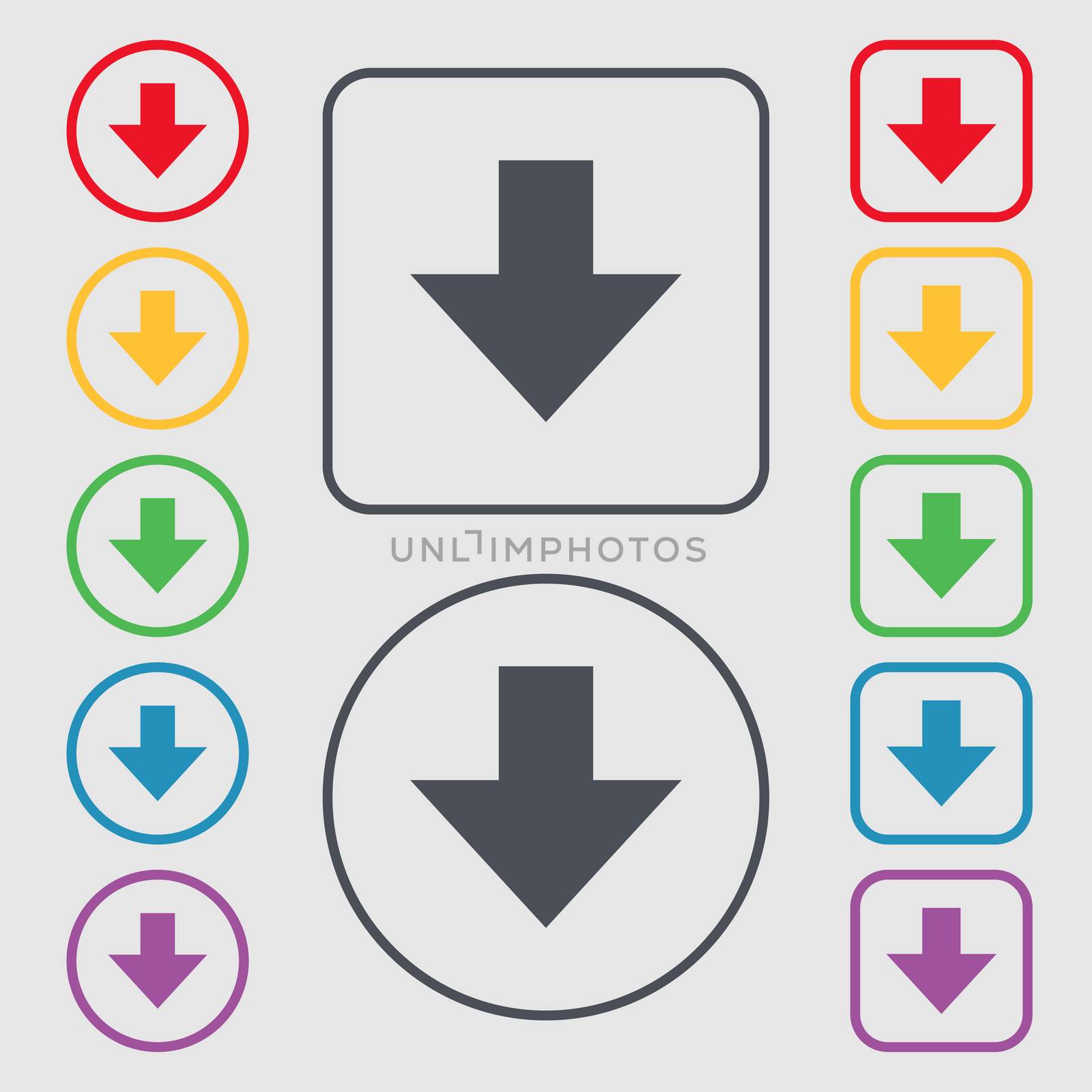 Download sign. Downloading flat icon. Load label. Symbols on the Round and square buttons with frame.  by serhii_lohvyniuk