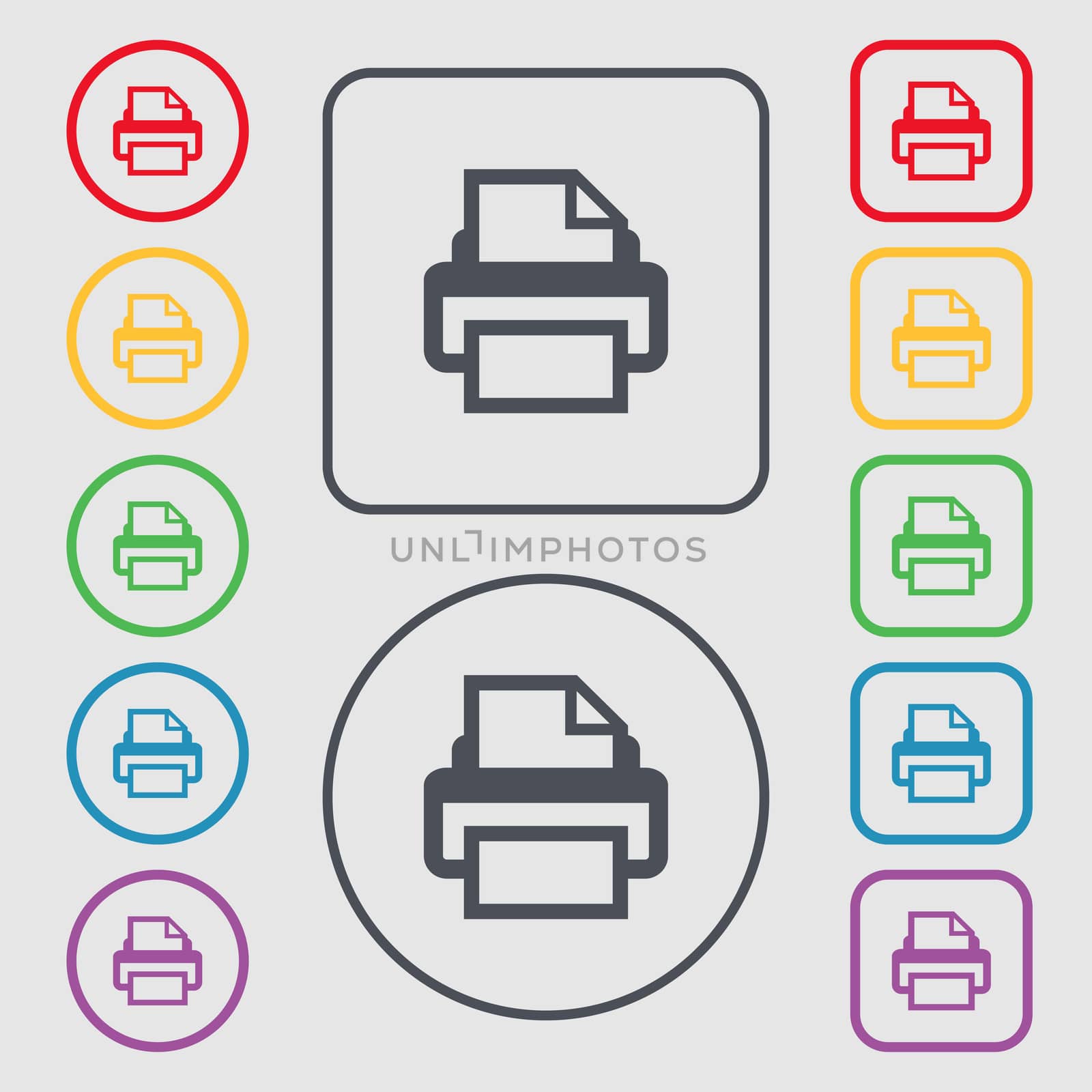 Print sign icon. Printing symbol. Symbols on the Round and square buttons with frame. illustration
