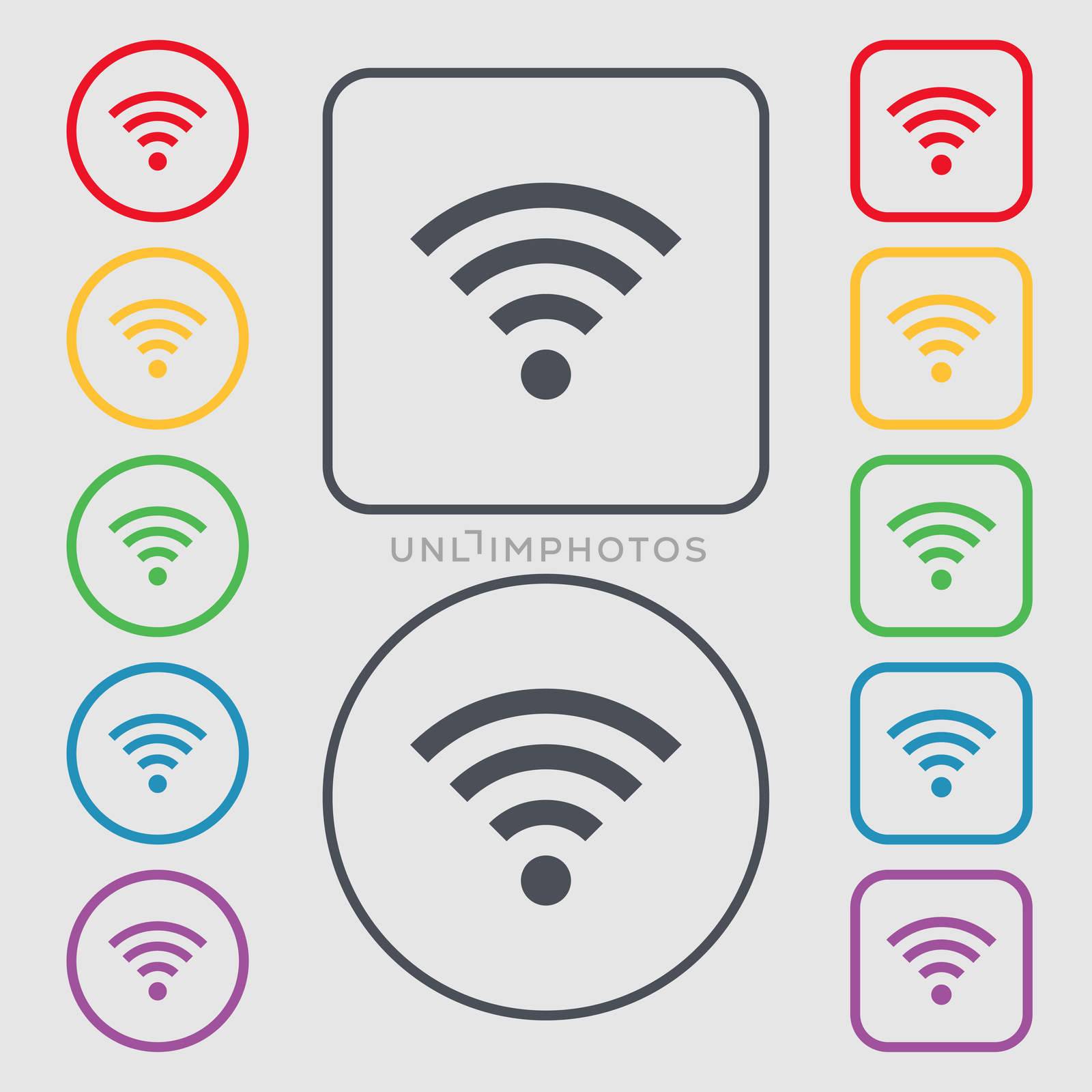Wifi sign. Wi-fi symbol. Wireless Network icon zone. Symbols on the Round and square buttons with frame. illustration