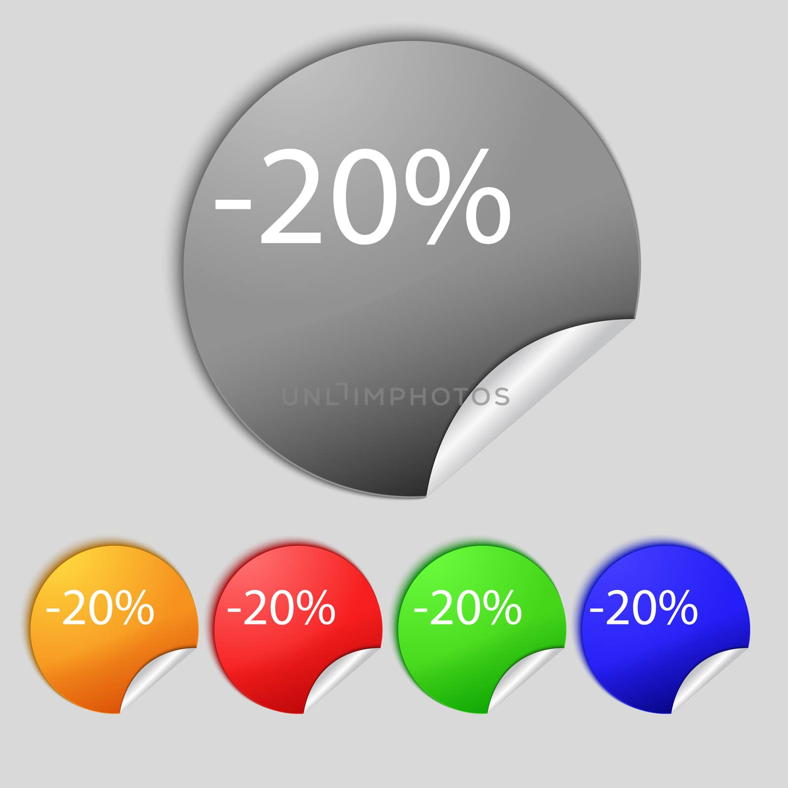 20 percent discount sign icon. Sale symbol. Special offer label. Set of colored buttons illustration